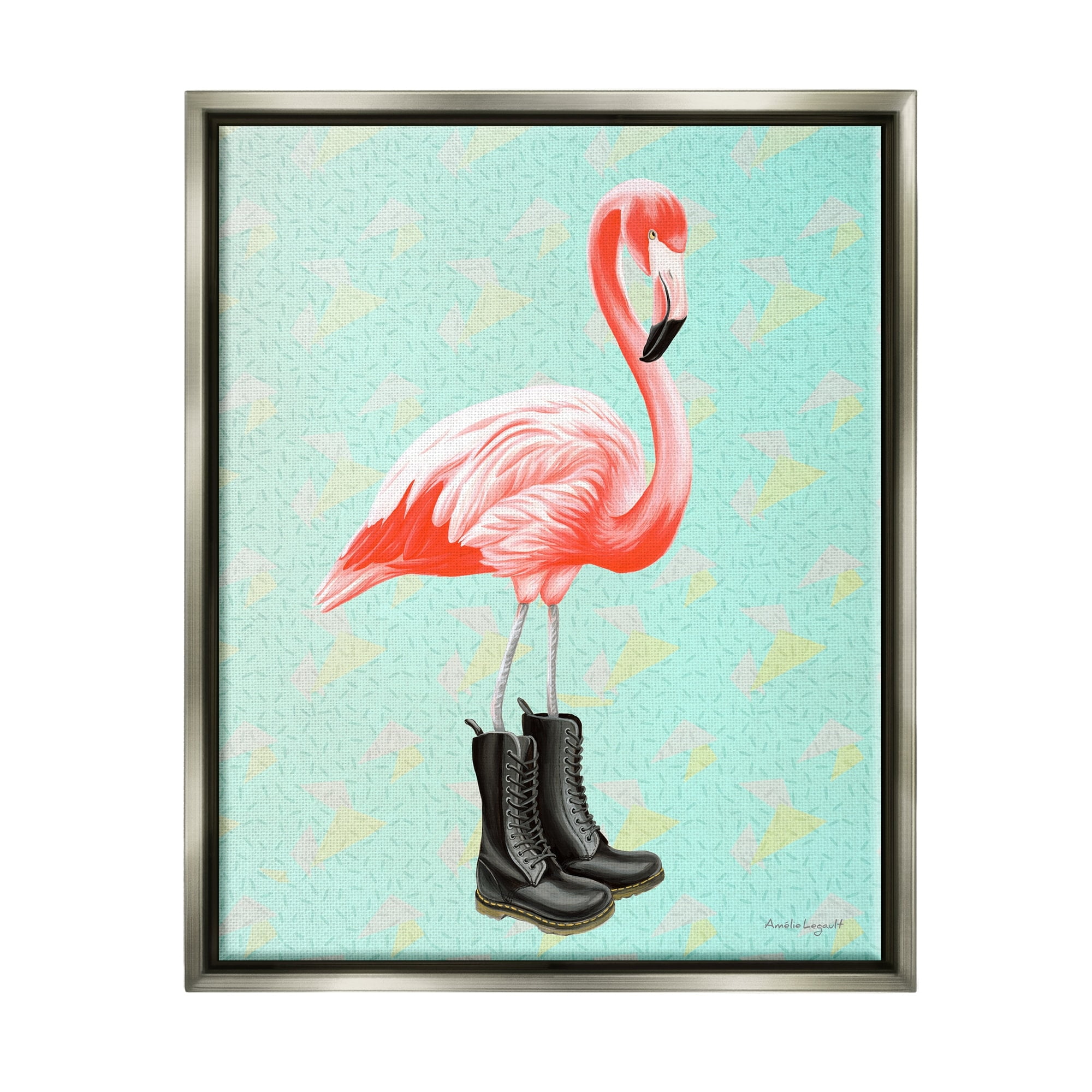 Stupell Industries Stylish Pink Flamingo Black Boots Geometric Pattern Graphic Art Luster Gray Floating Framed Canvas Print Wall Art, Design by Amelie Legault