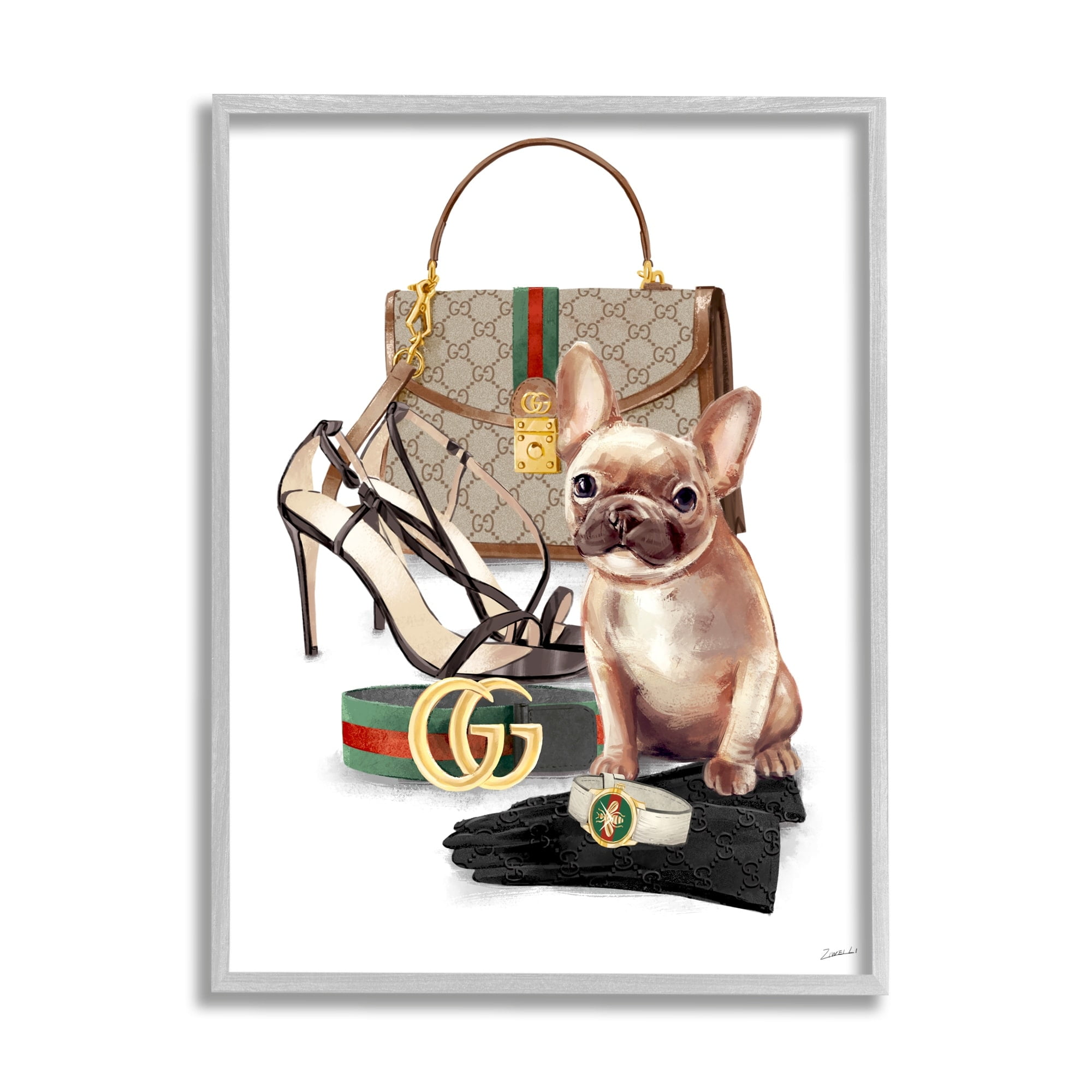 Stupell Industries Stylish Puppy Dog Designer Purse Shoes Accessories Framed Wall Art, 11 x 14, Design by Ziwei Li