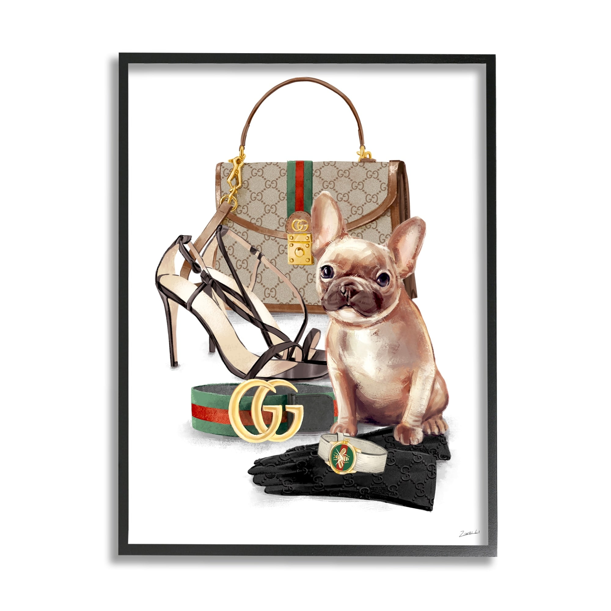 Stupell Industries Stylish Puppy Dog Designer Purse Shoes Accessories Framed Wall Art, 16 x 20, Design by Ziwei Li