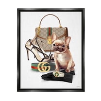 Stupell Industries Stylish Puppy Dog Designer Purse Shoes Accessories Jet Black Framed Floating Canvas Wall Art, 16x20, by Ziwei Li