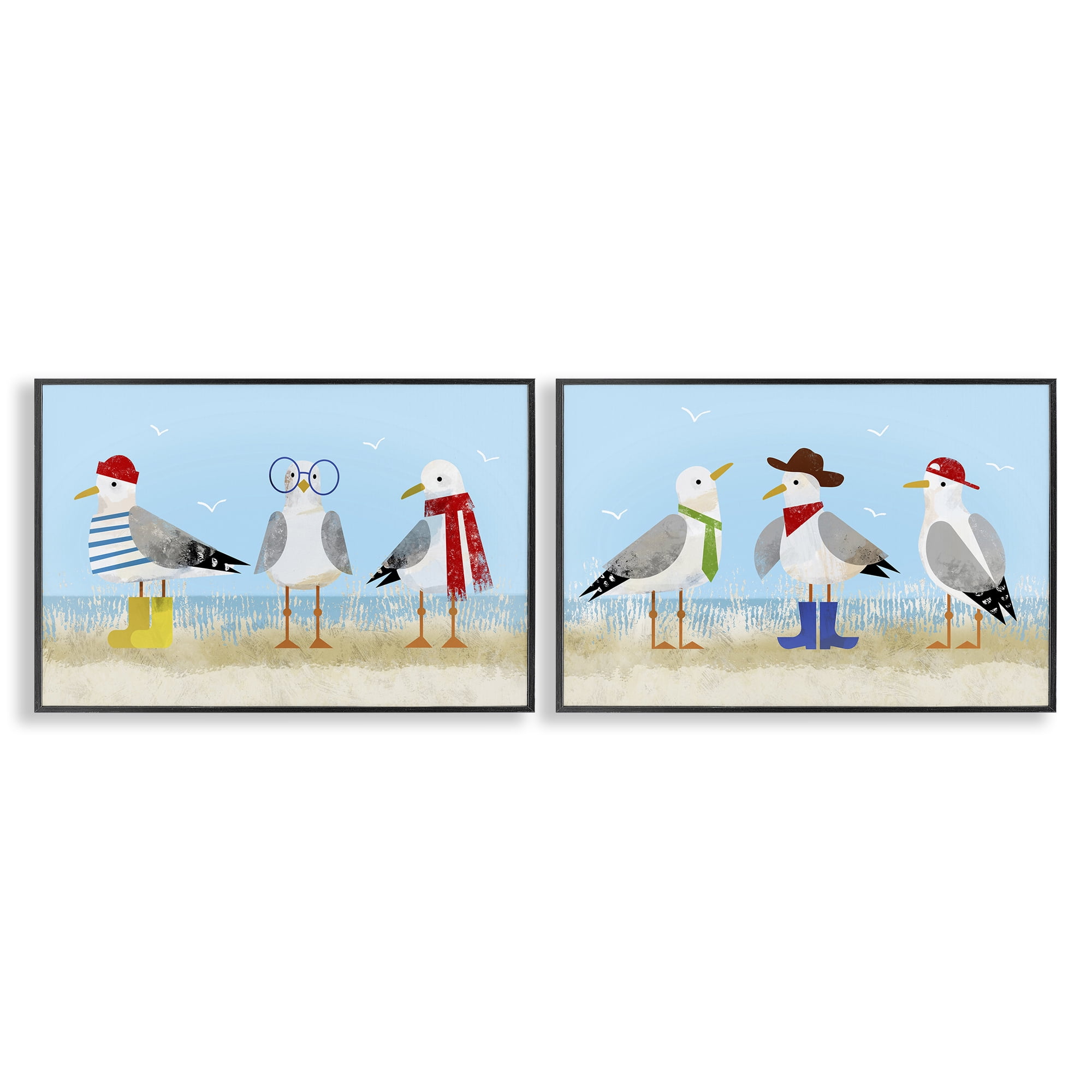 Stupell Industries Stylish Seagulls at Beach Animals Painting Black Framed Art Print Wall Art, 30 x 20, Set of 2