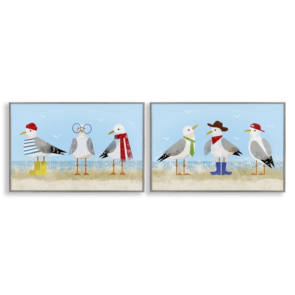 Stupell Industries Stylish Seagulls at Beach Animals Painting Gray Framed Art Print Wall Art, 24 x 16, Set of 2