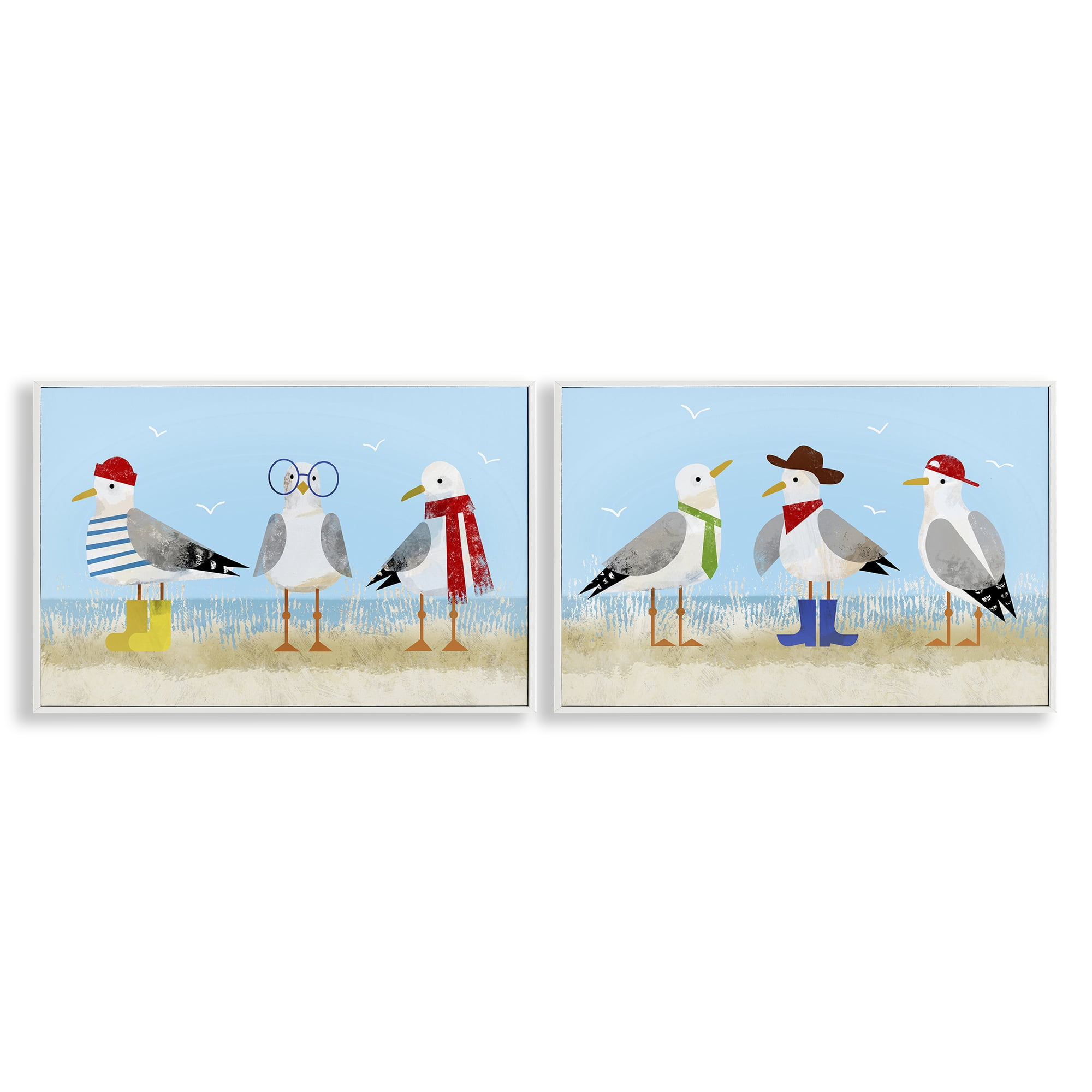 Stupell Industries Stylish Seagulls at Beach Animals Painting White Framed Art Print Wall Art, 18 x 12, Set of 2