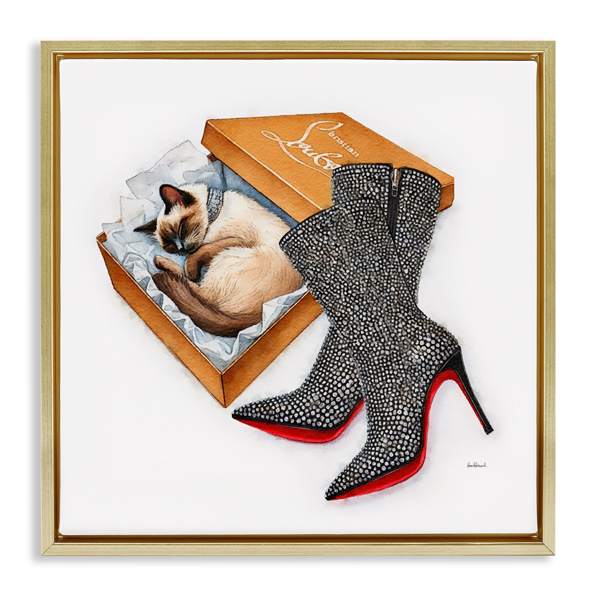 Stupell Industries Stylish Shoebox Cat Animals Painting Gold Floater Framed Canvas Art Print Wall Art, 25 x 25