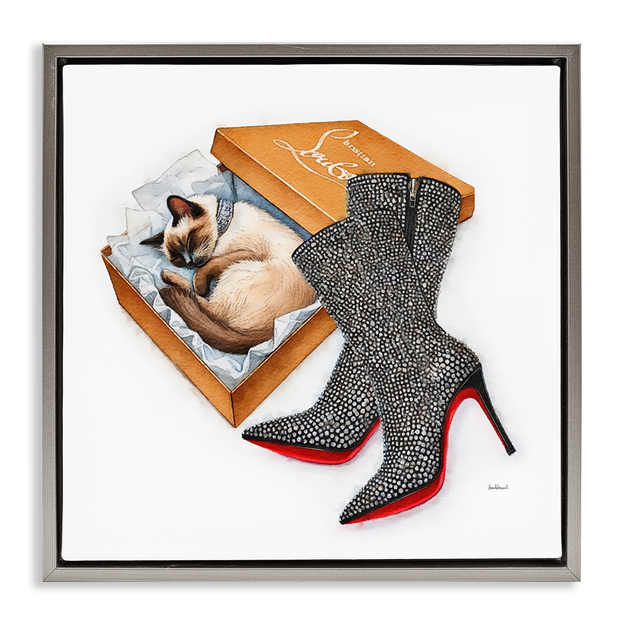 Stupell Industries Stylish Shoebox Cat Animals Painting Gray Floater Framed Canvas Art Print Wall Art, 25 x 25