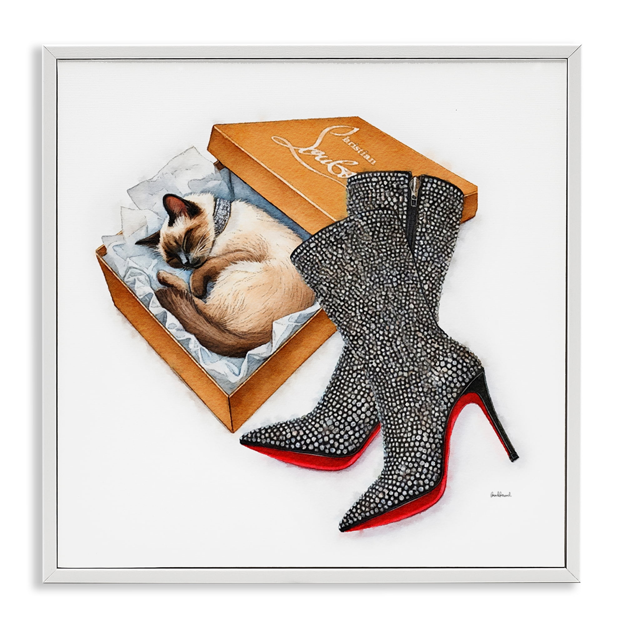 Stupell Industries Stylish Shoebox Cat Animals Painting White Framed Art Print Wall Art, 24 x 24