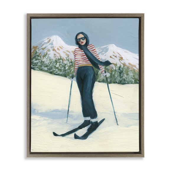Stylish Skiing Sisters Brown Floating Frame Canvas Art, 25 x 31, Made In USA