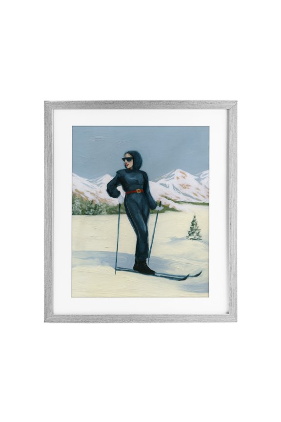 Stylish Skiing Woman Gray Framed Print Under Glass, 13 x 16, Made In USA