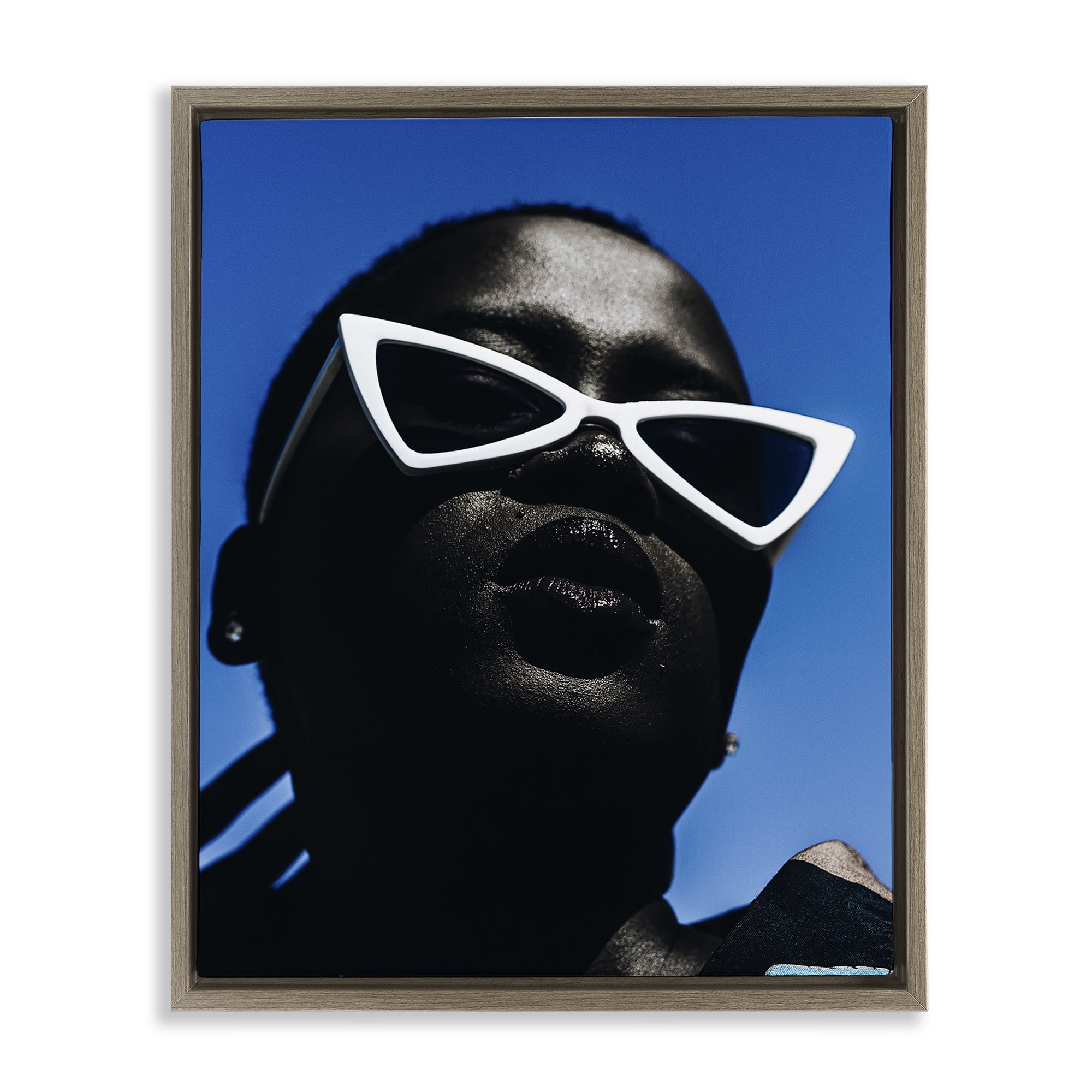 Stupell Industries Stylish Sunglasses on Blue People Photography Brown Floater Framed Canvas Art Print Wall Art, 25 x 31