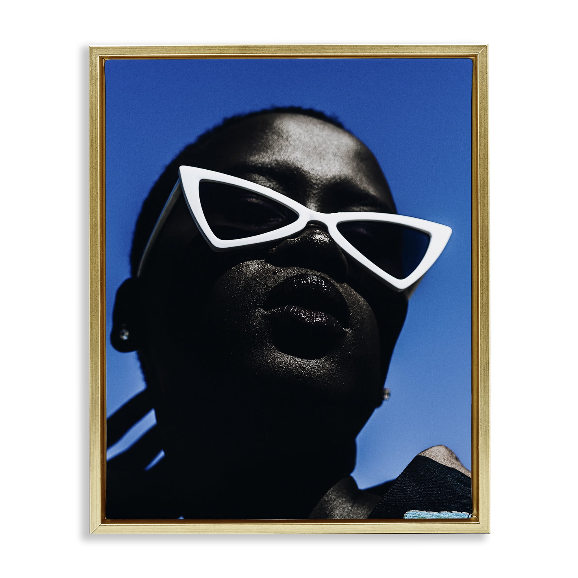 Stupell Industries Stylish Sunglasses on Blue People Photography Gold Floater Framed Canvas Art Print Wall Art, 25 x 31