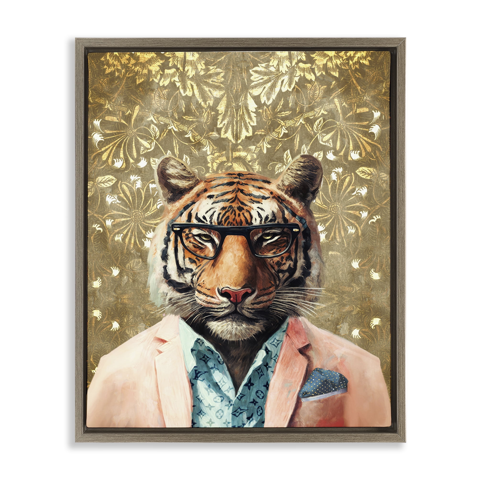 Stupell Industries Stylish Tiger Gold Wall Animals Painting Brown Floater Framed Canvas Art Print Wall Art, 17 x 21