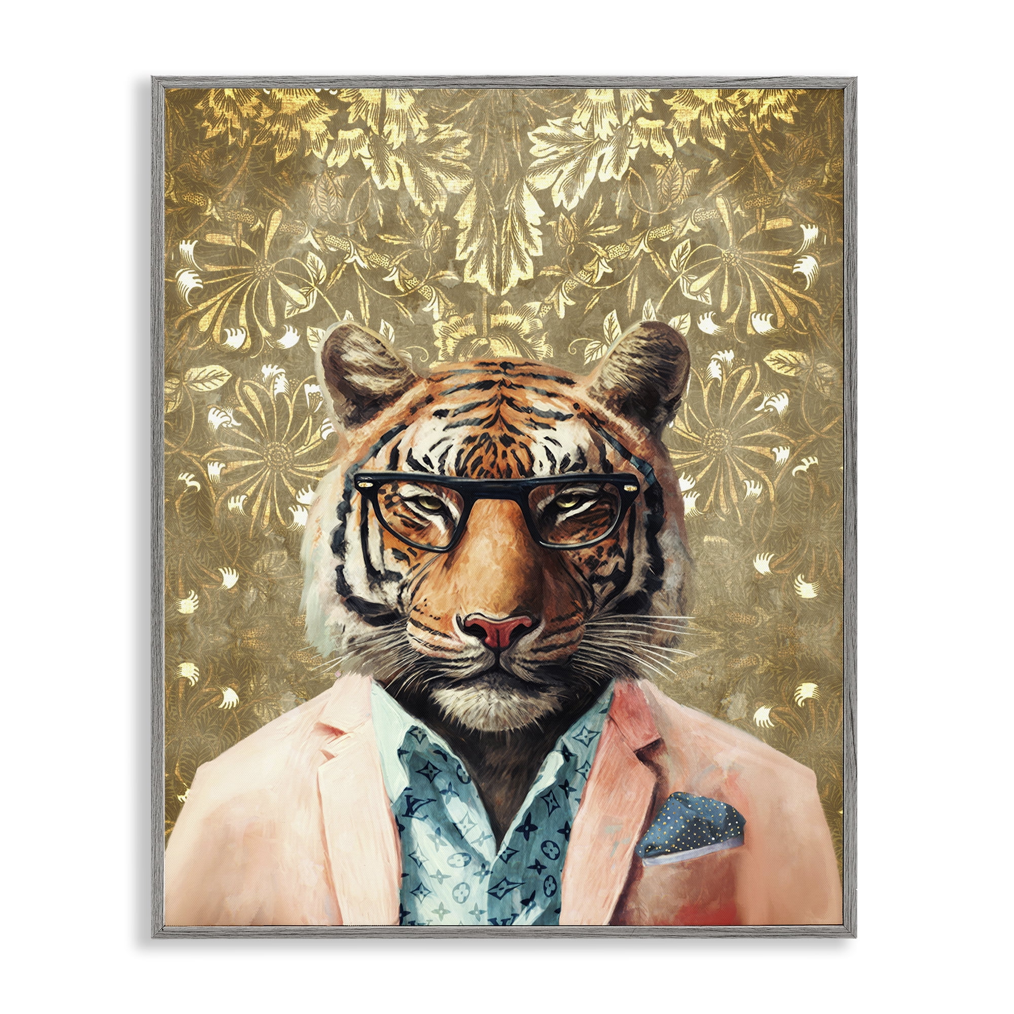 Stupell Industries Stylish Tiger Gold Wall Animals Painting Gray Framed Art Print Wall Art, 24 x 30