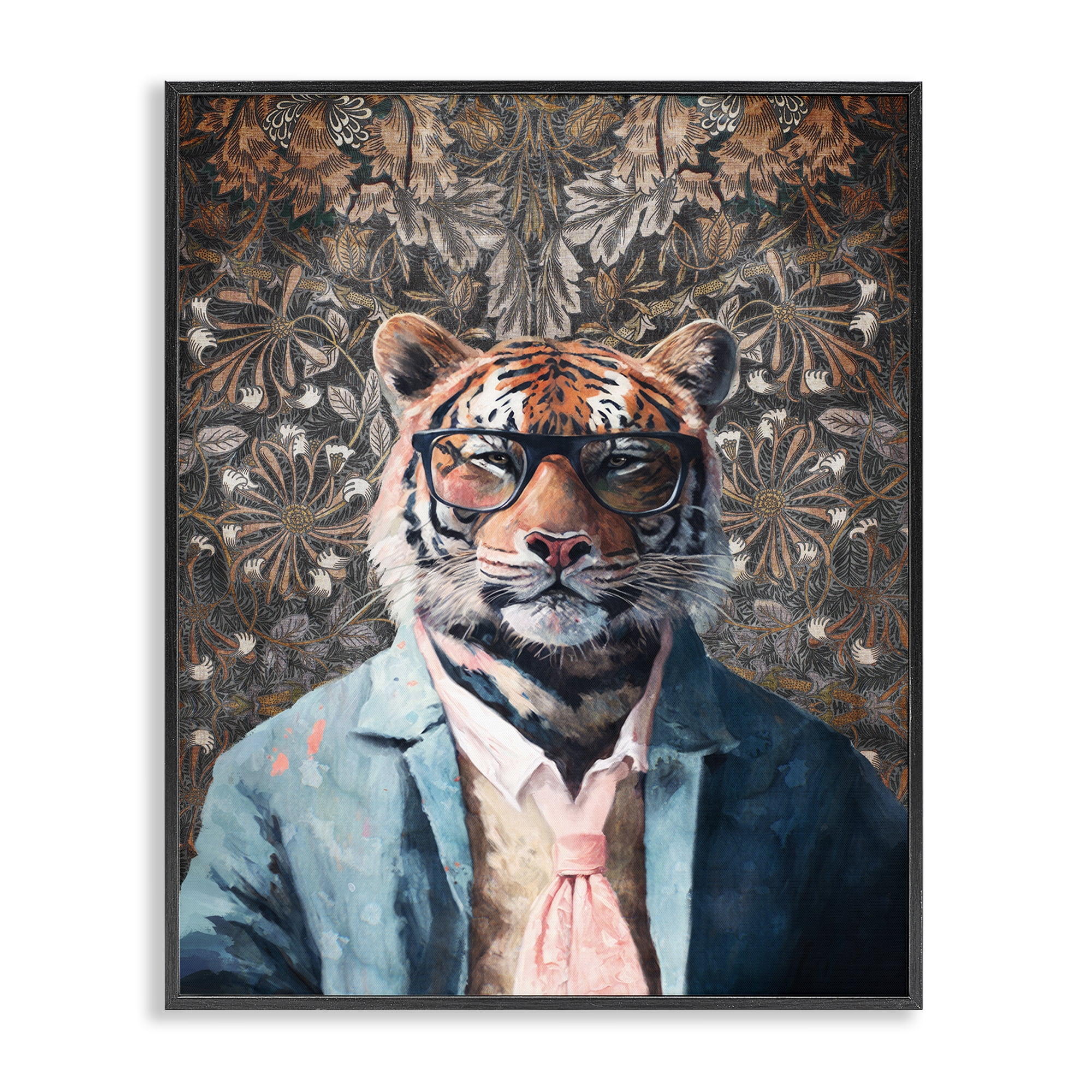 Stupell Industries Stylish Tiger in Glasses Animals Painting Black Framed Art Print Wall Art, 16 x 20