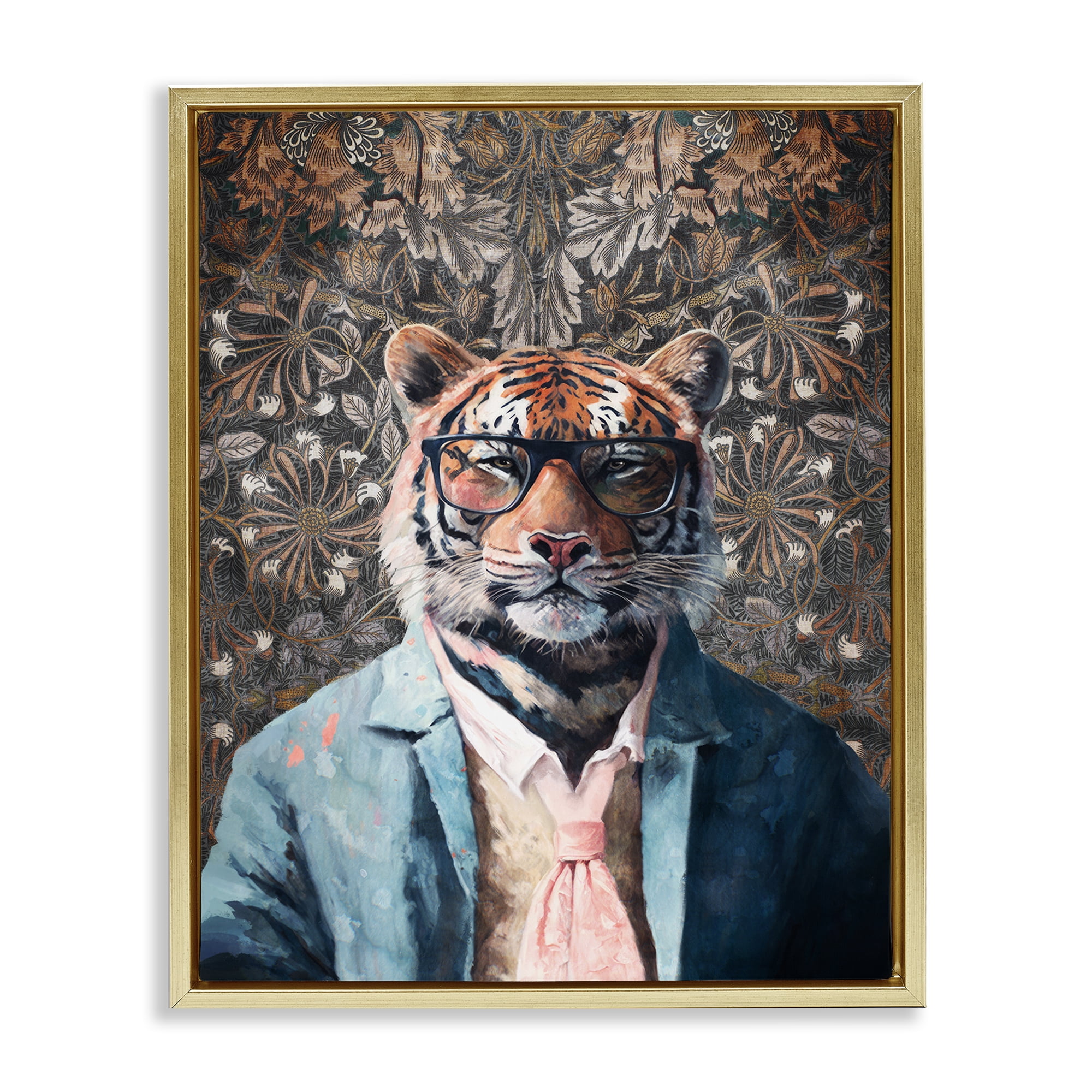 Stupell Industries Stylish Tiger in Glasses Animals Painting Gold Floater Framed Canvas Art Print Wall Art, 17 x 21