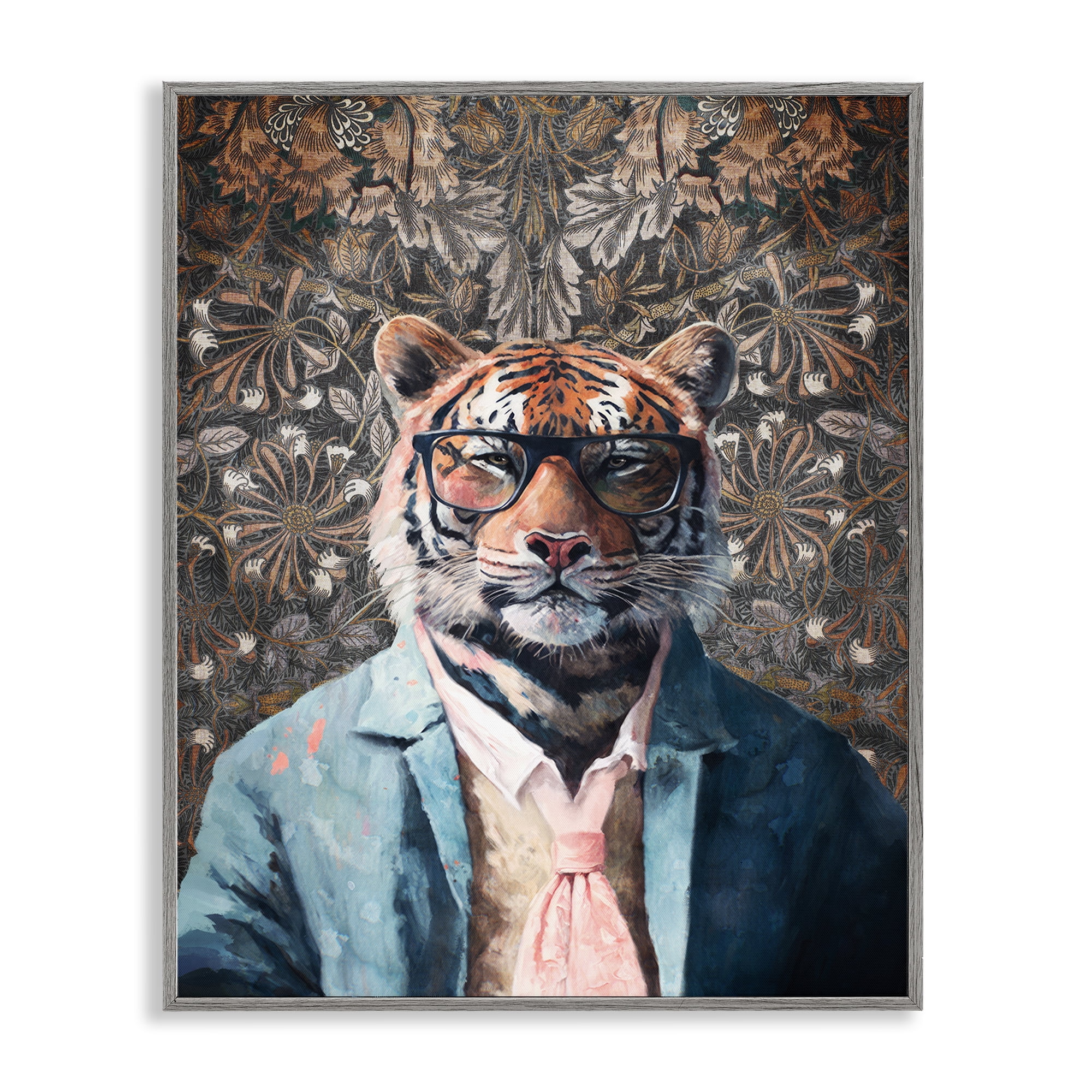 Stupell Industries Stylish Tiger in Glasses Animals Painting Gray Framed Art Print Wall Art, 11 x 14