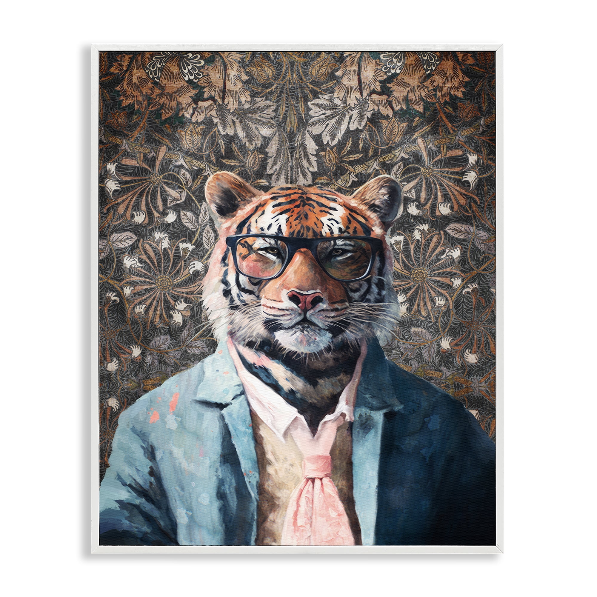 Stupell Industries Stylish Tiger in Glasses Animals Painting White Framed Art Print Wall Art, 24 x 30
