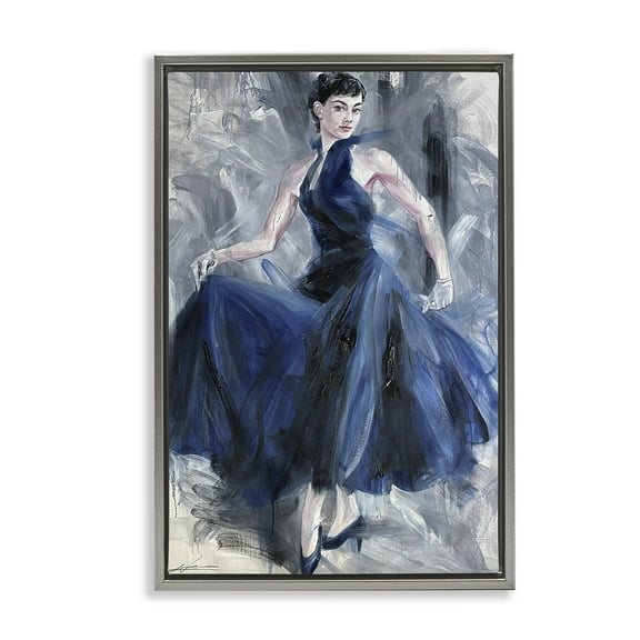 Stupell Industries Stylish Woman in Blue Dress People Painting Gray Floater Framed Canvas Art Print Wall Art, 21 x 31