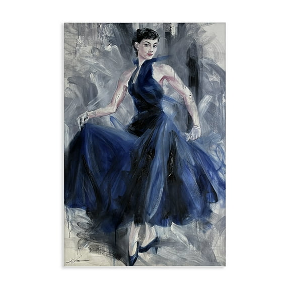 Stupell Industries Stylish Woman in Blue Dress People Painting Wrapped Canvas Canvas Art Print Wall Art, 16 x 24