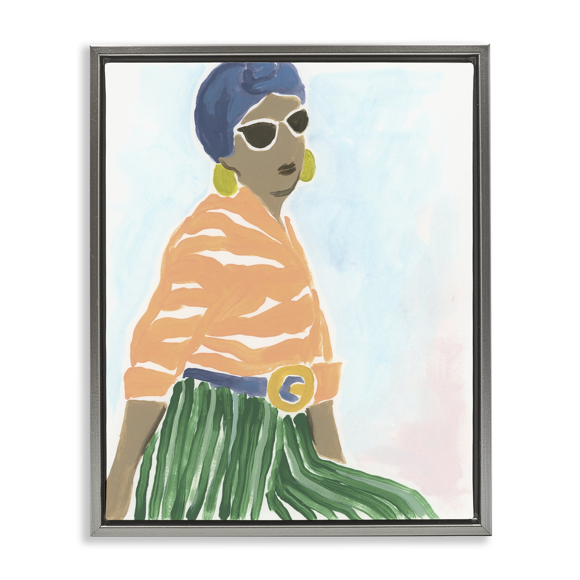 Stupell Industries Stylish Woman with Headwrap People Painting Gray Floater Framed Canvas Art Print Wall Art, 25 x 31