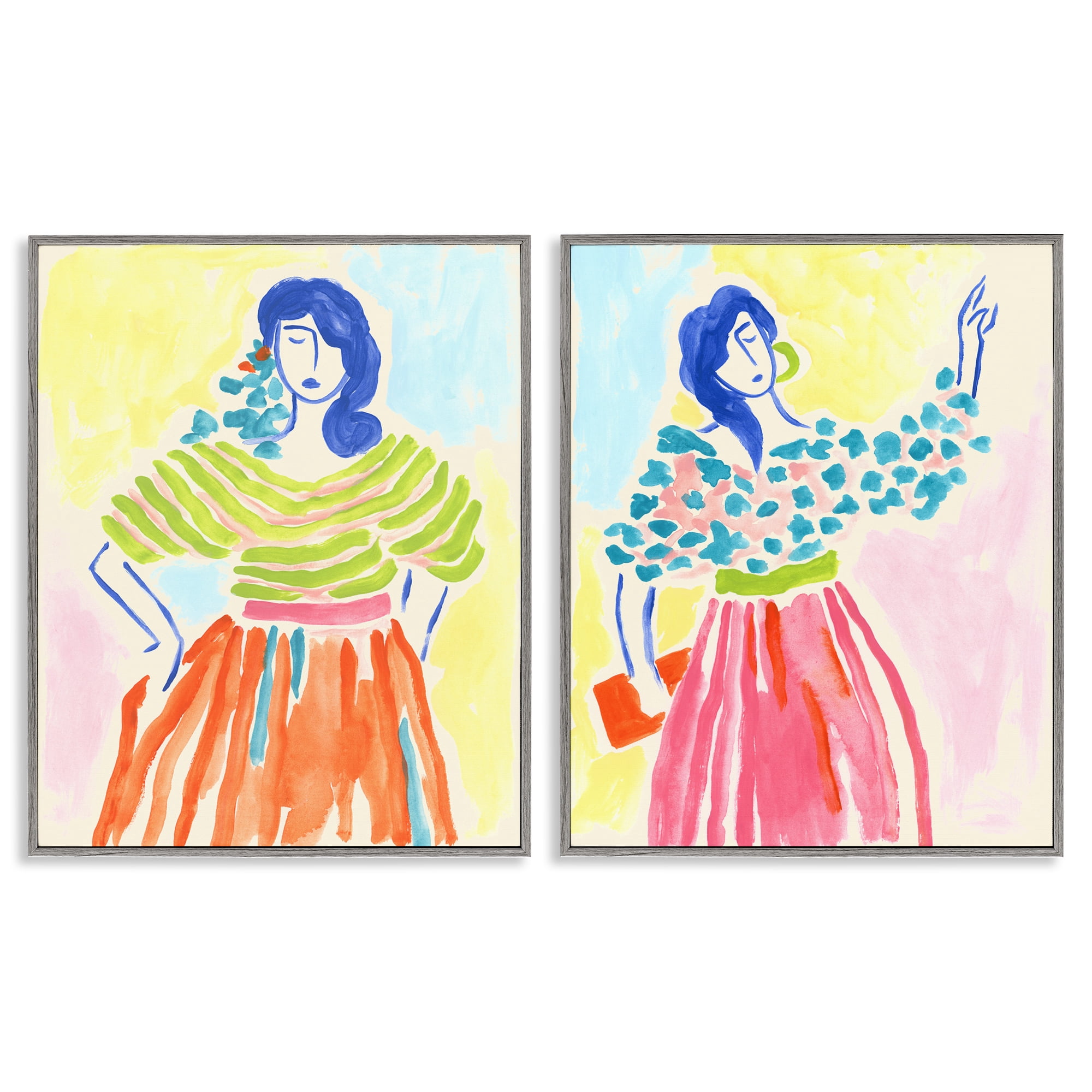 Stupell Industries Stylish Women Bright Hues People Painting Gray Framed Art Print Wall Art, 16 x 20, Set of 2