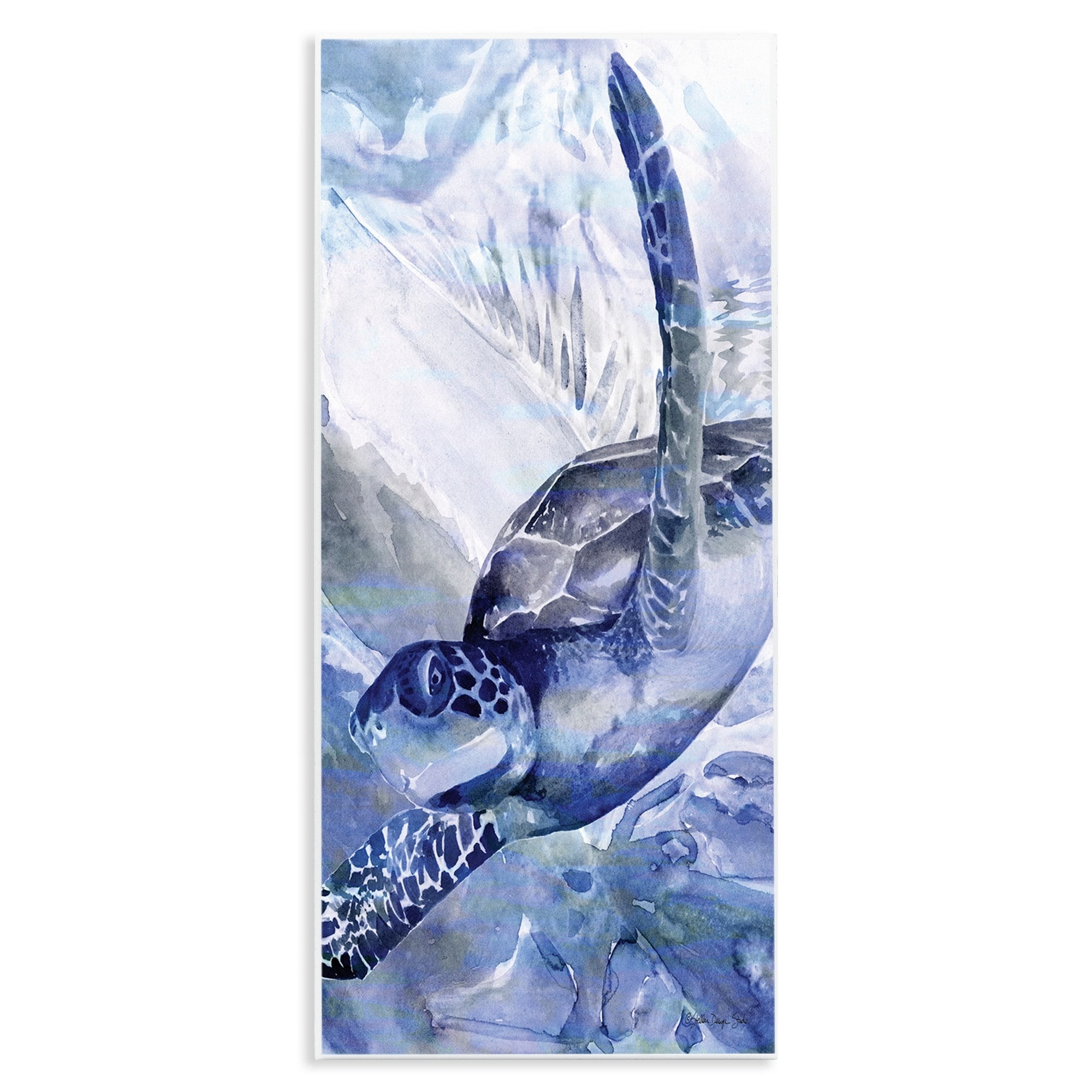 Stylized Blue Sea Turtle Swimming Ocean Wall Plaque on MDF Wood