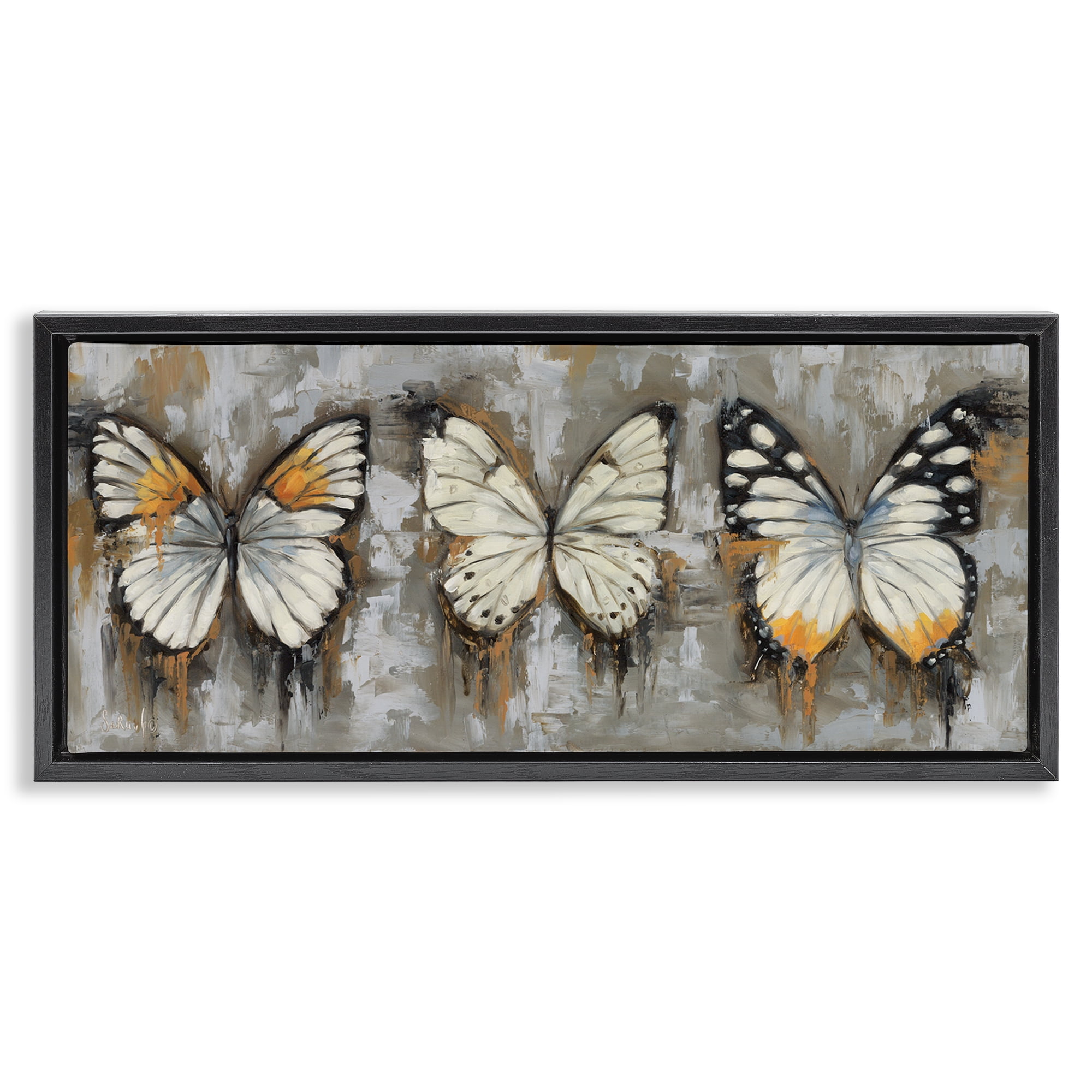 Stupell Industries Stylized Modern Butterflies Animals Painting Black Floater Framed Canvas Art Print Wall Art, 31 x 14