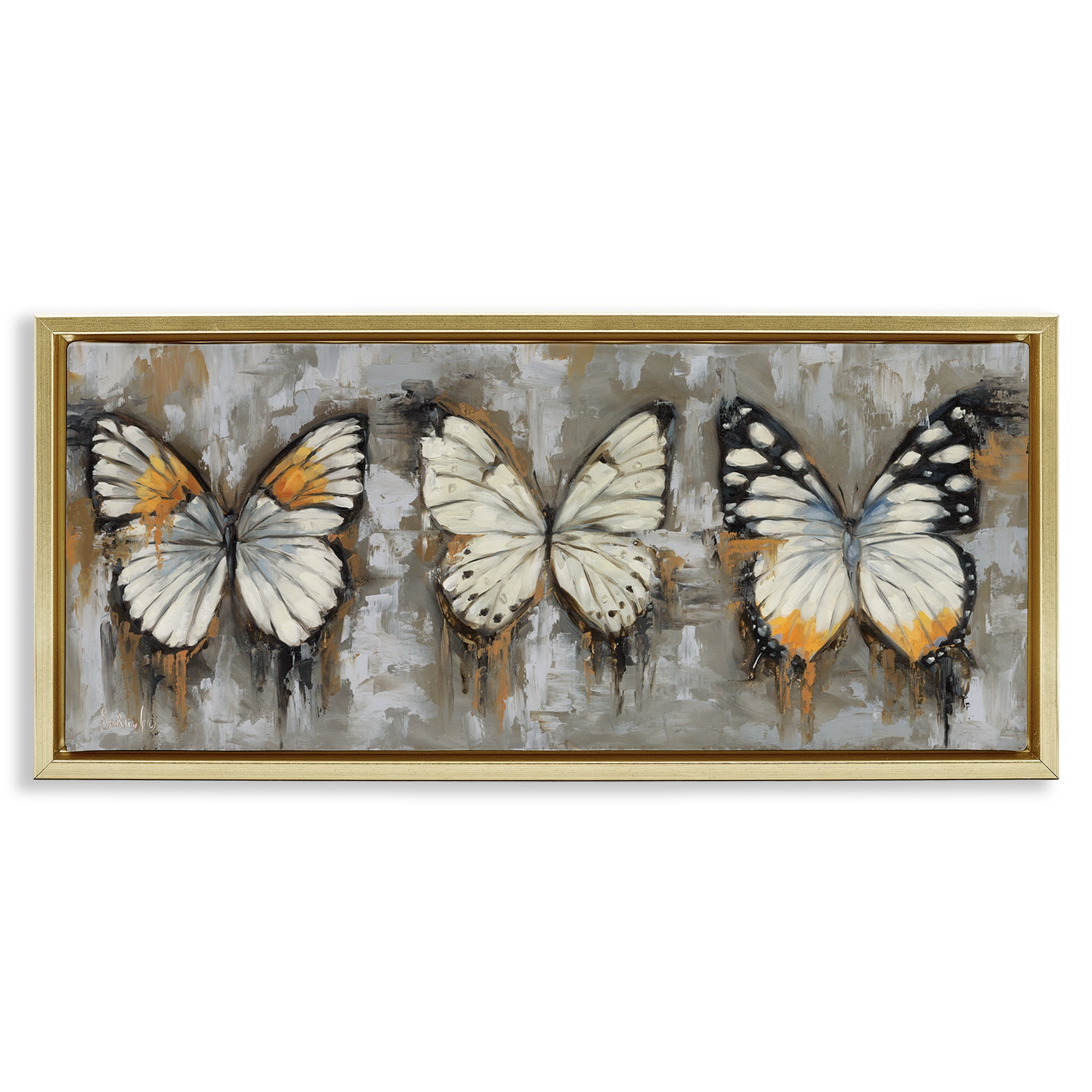 Stupell Industries Stylized Modern Butterflies Animals Painting Gold Floater Framed Canvas Art Print Wall Art, 31 x 14