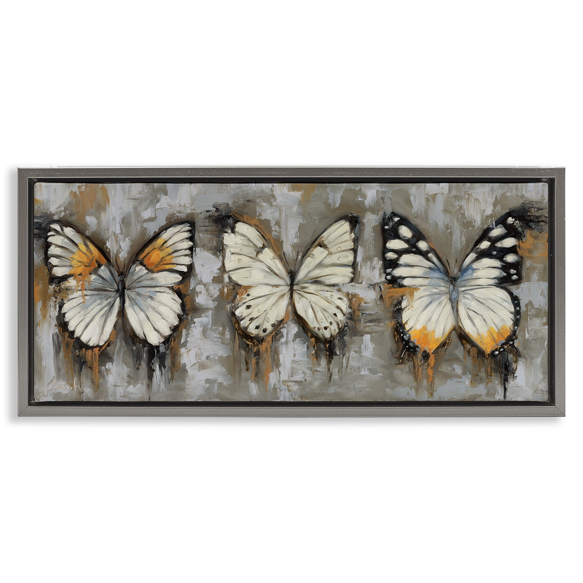 Stupell Industries Stylized Modern Butterflies Animals Painting Gray Floater Framed Canvas Art Print Wall Art, 25 x 11