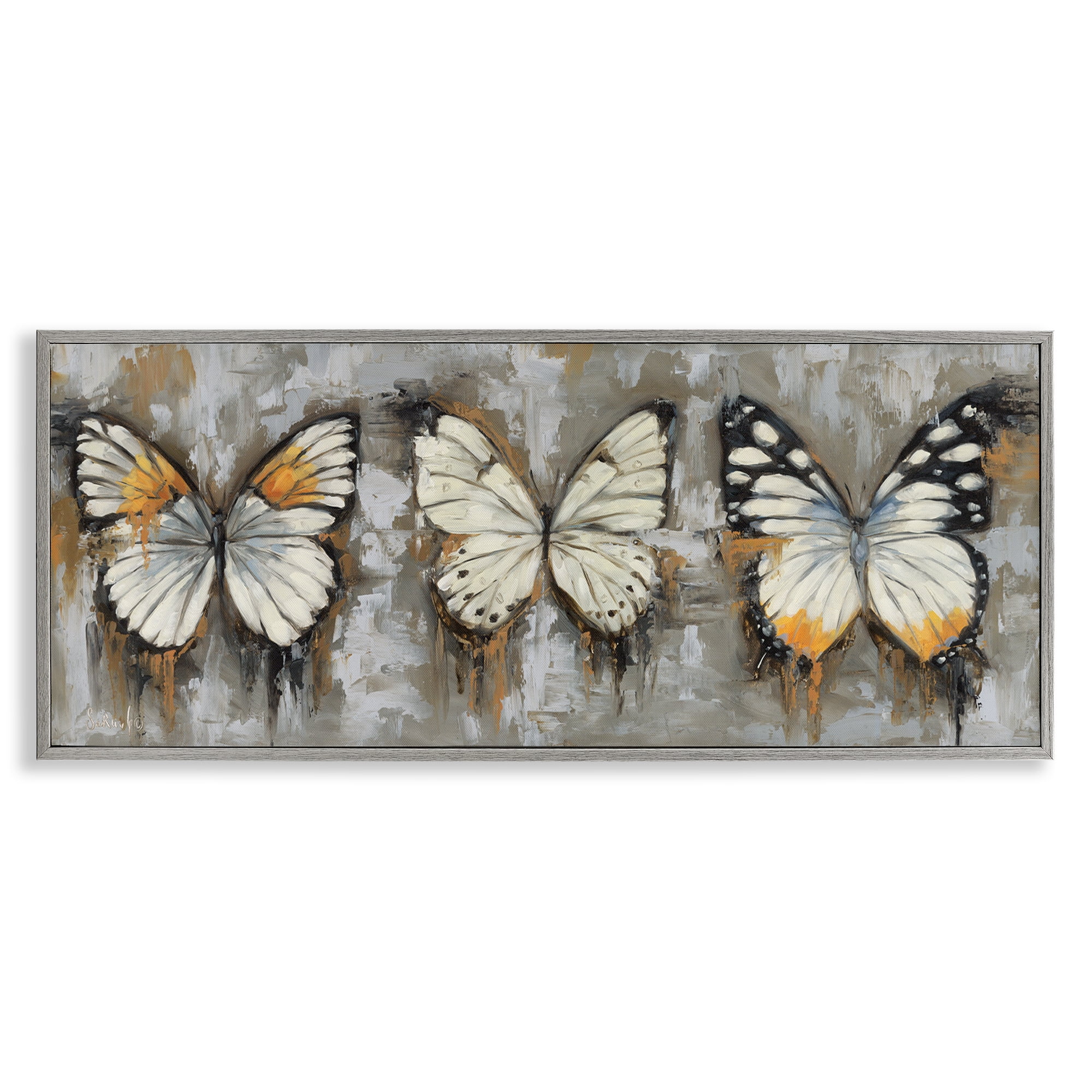 Stupell Industries Stylized Modern Butterflies Animals Painting Gray Framed Art Print Wall Art, 30 x 13
