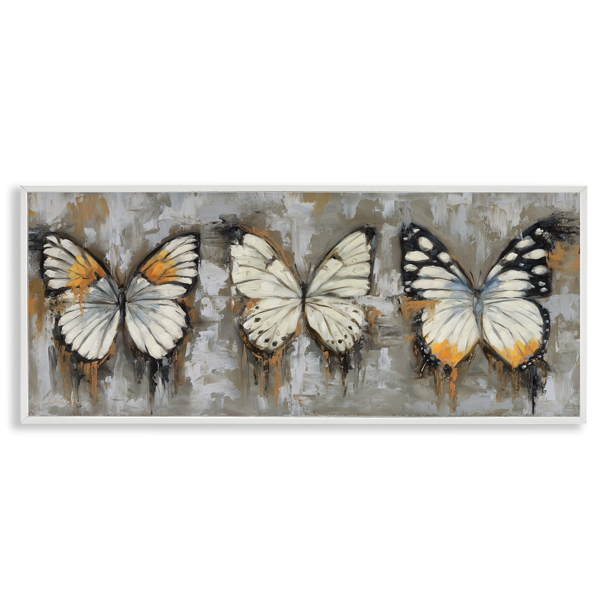 Stupell Industries Stylized Modern Butterflies Animals Painting White Framed Art Print Wall Art, 24 x 10