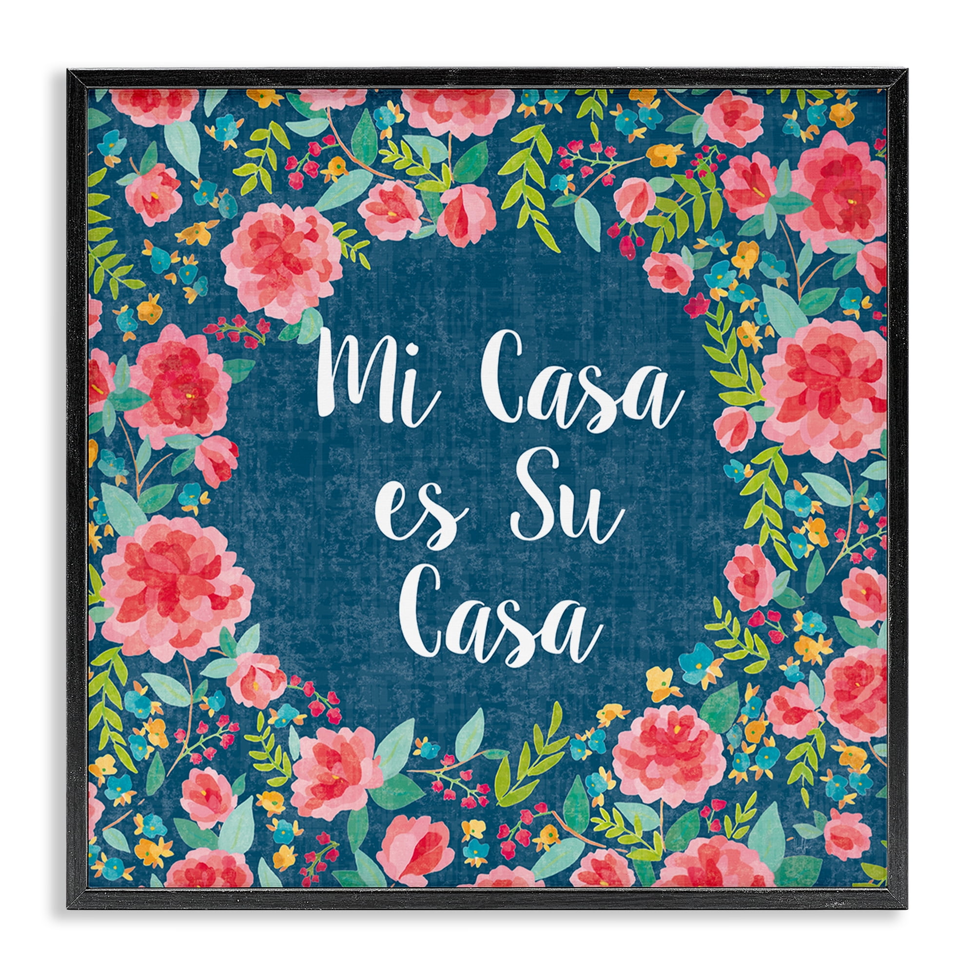 Stupell Industries Su Casa Flores Rosas Inspirational Quotes & Sayings Painting Black Framed Art Print Wall Art, 17 x 17