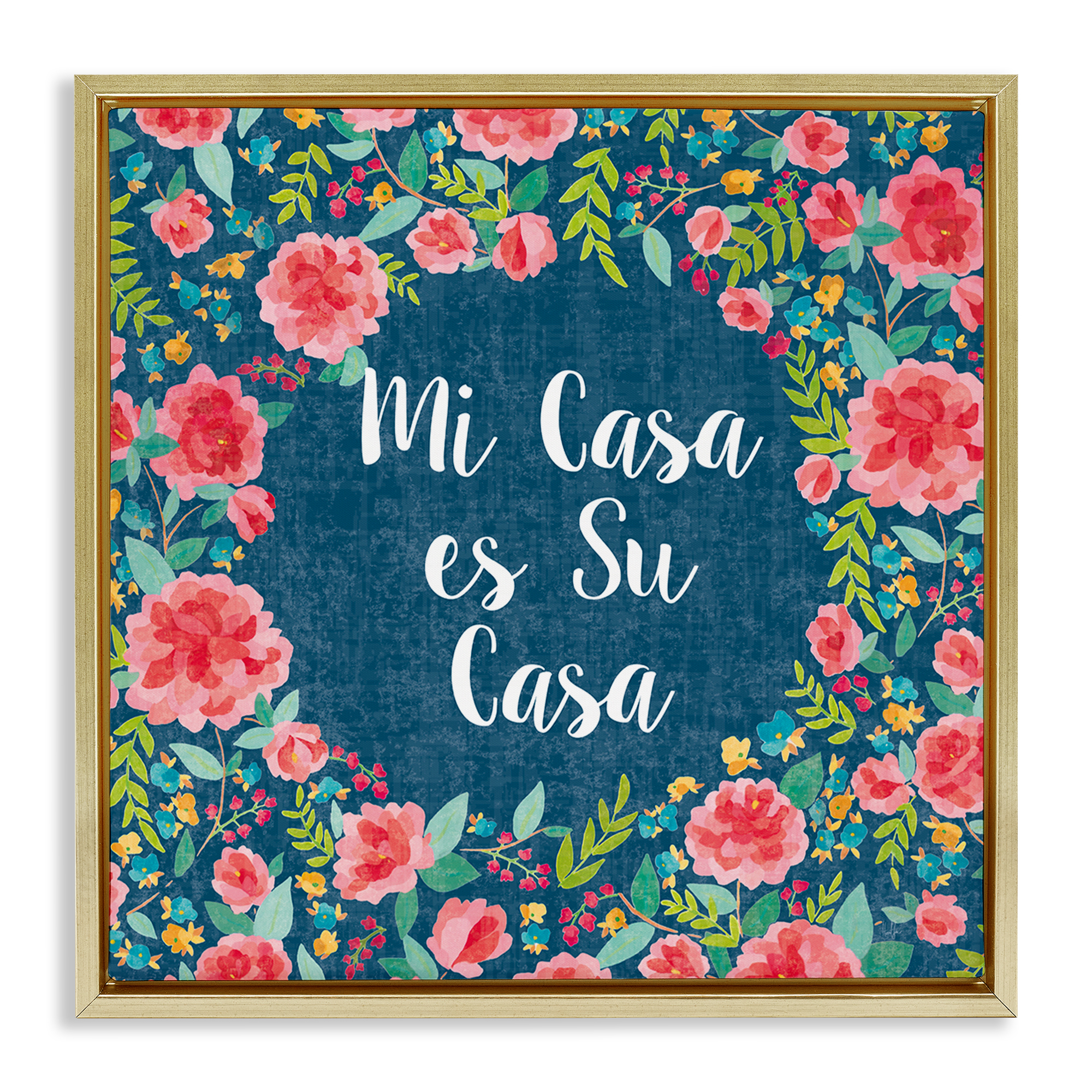 Stupell Industries Su Casa Flores Rosas Inspirational Quotes & Sayings Painting Gold Floater Framed Art Print Wall Art, 18 x 18