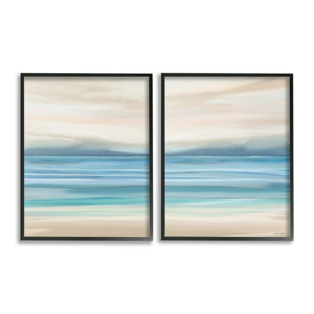 Stupell Industries Subtle Beach Seascape Landscape Painting Black Framed Art Print Wall Art, 16 x 20, Set of 2