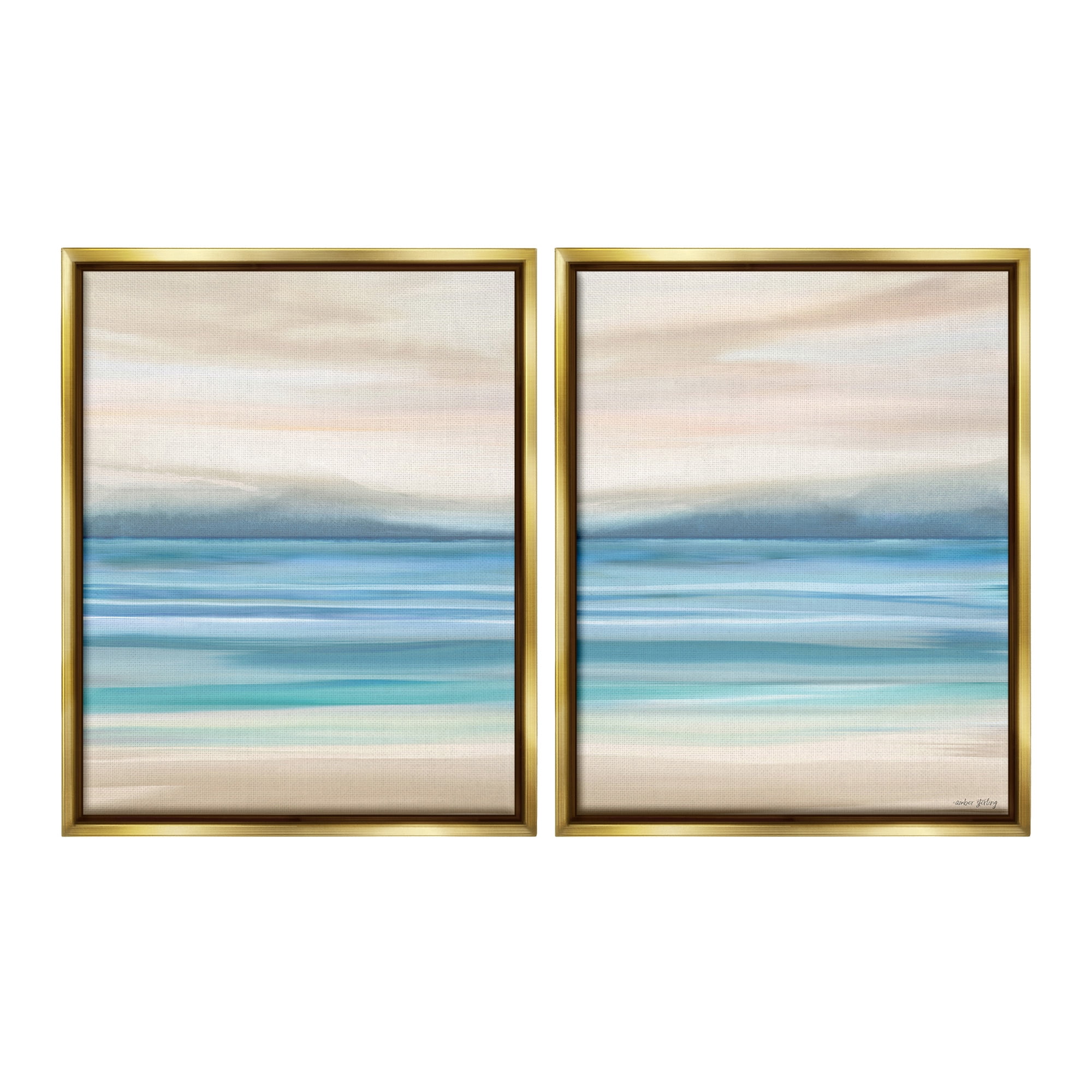Stupell Industries Subtle Beach Seascape Landscape Painting Gold Floater Framed Canvas Art Print Wall Art, 25 x 31, Set of 2
