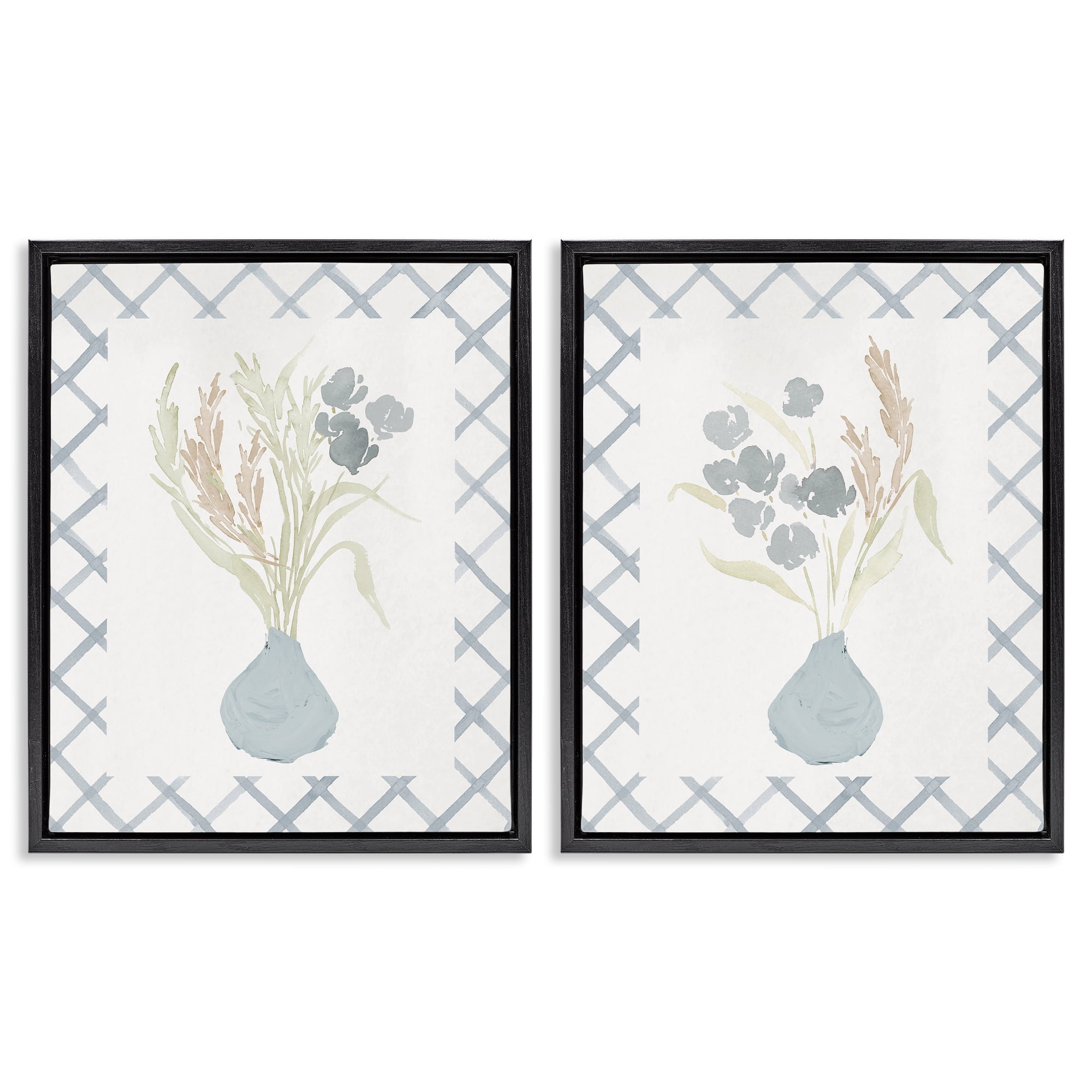 Stupell Industries Subtle Blue Anna Bouquets 2 Piece Black Framed Floater Canvas Set, design by Lucille Price