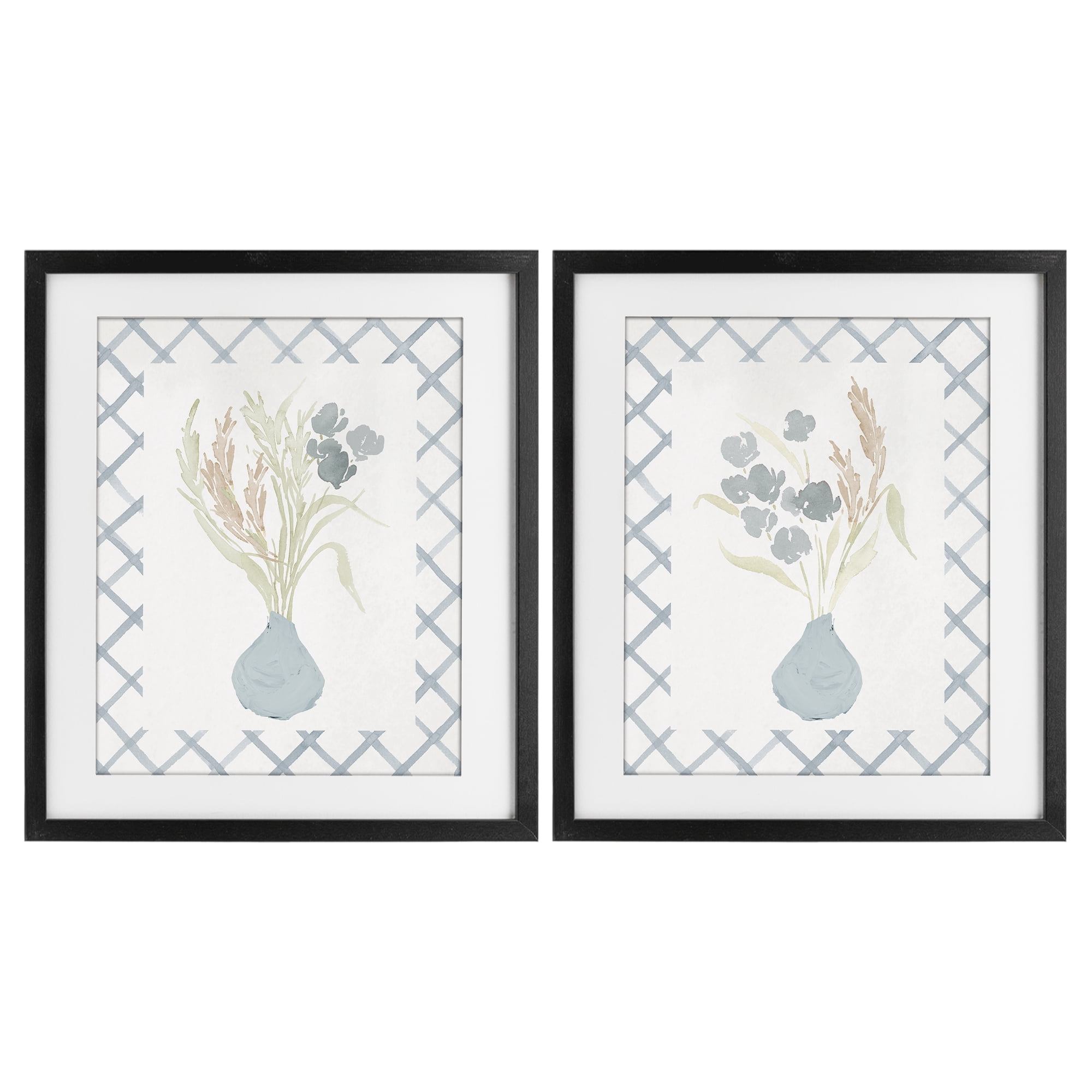 Stupell Industries Subtle Blue Anna Bouquets 2 Piece Black Framed Print Under Glass Set, design by Lucille Price