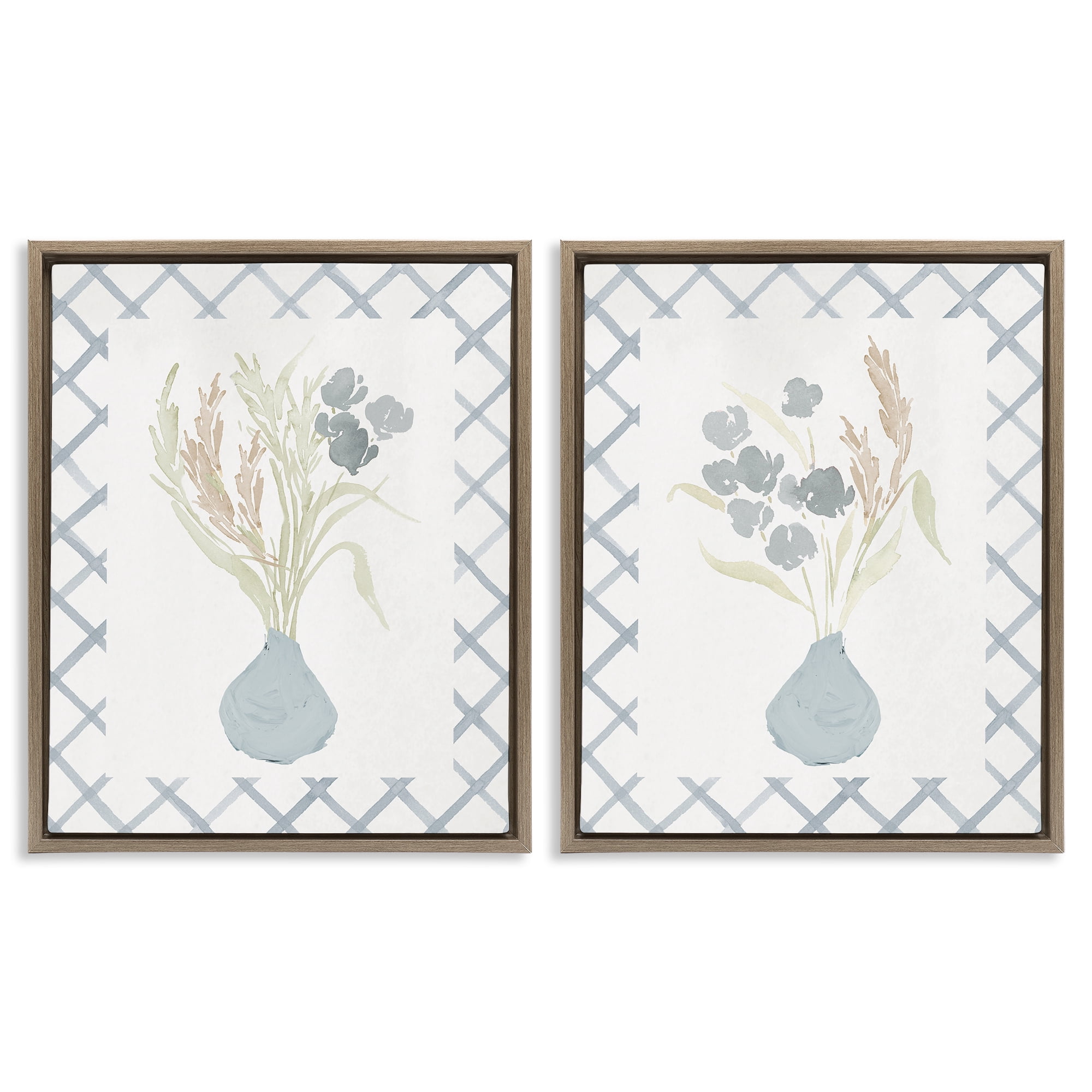 Stupell Industries Subtle Blue Anna Bouquets 2 Piece Brown Framed Floater Canvas Set, design by Lucille Price