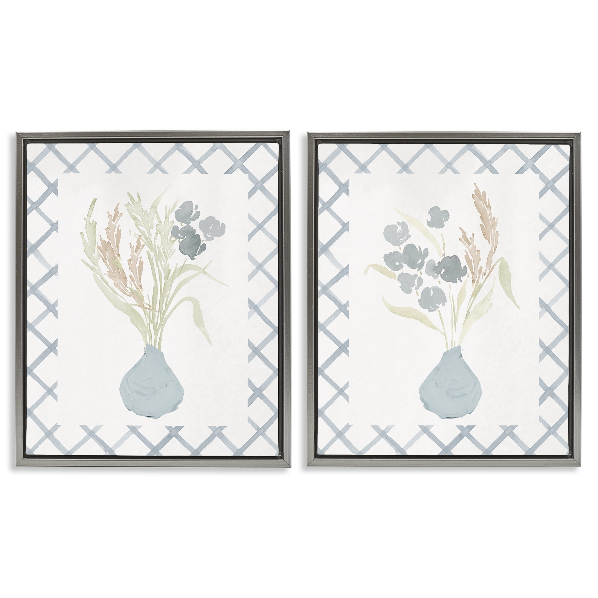 Stupell Industries Subtle Blue Anna Bouquets 2 Piece Gray Framed Floater Canvas Set, design by Lucille Price