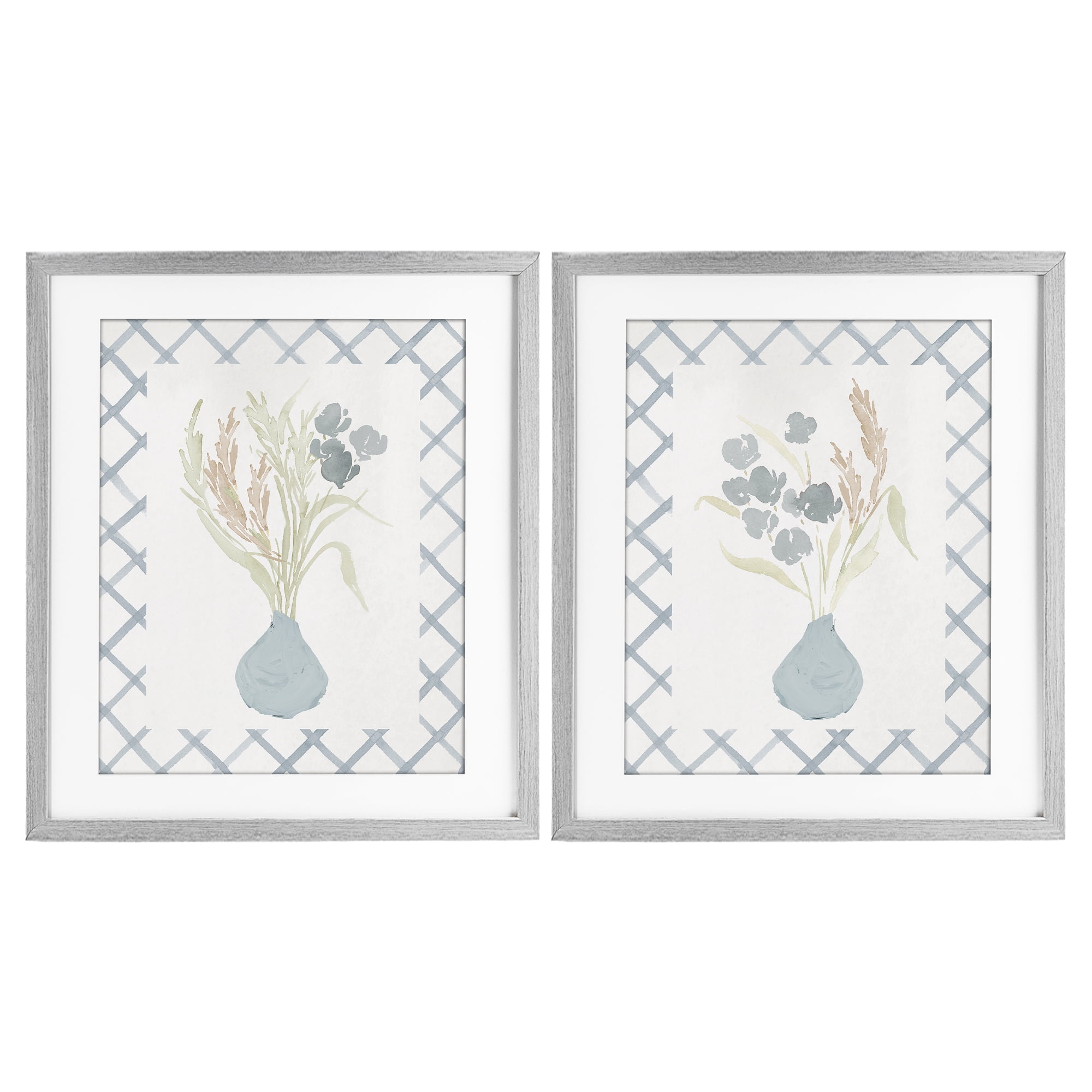 Stupell Industries Subtle Blue Anna Bouquets 2 Piece Gray Framed Print Under Glass Set, design by Lucille Price