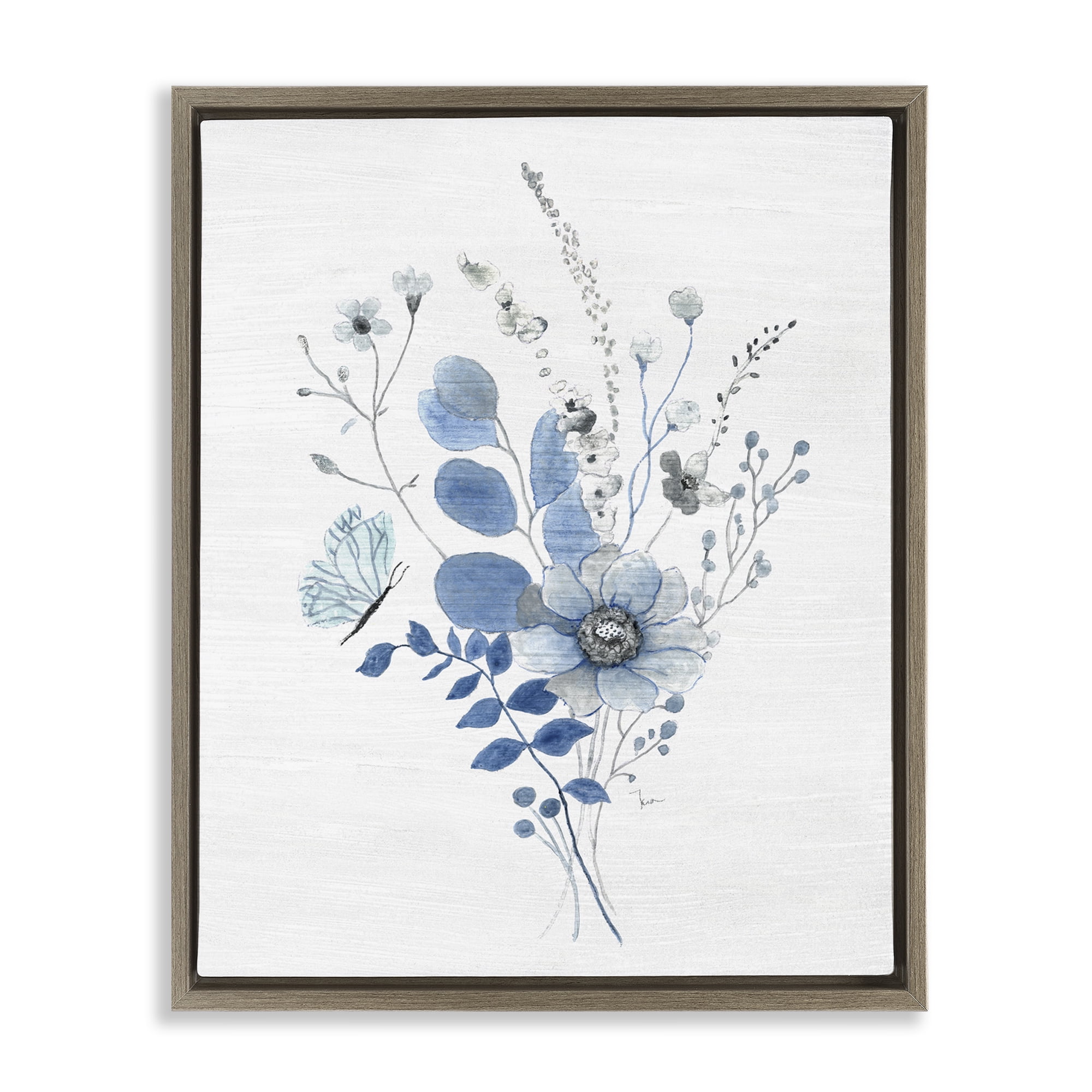Stupell Industries Subtle Blue Wildflowers Botanical & Floral Painting Brown Floater Framed Art Print Wall Art, 25 x 31