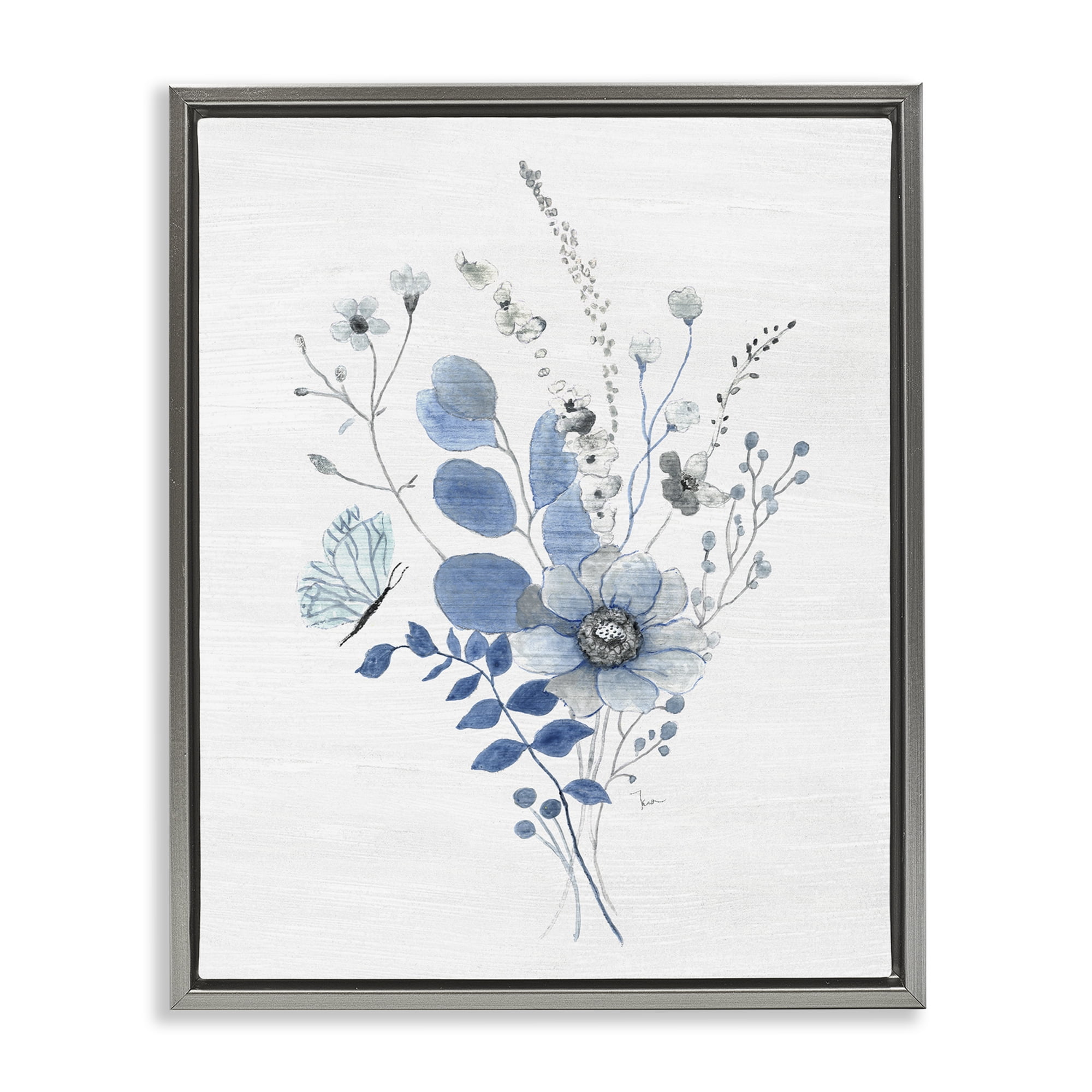 Stupell Industries Subtle Blue Wildflowers Botanical & Floral Painting Gray Floater Framed Art Print Wall Art, 17 x 21