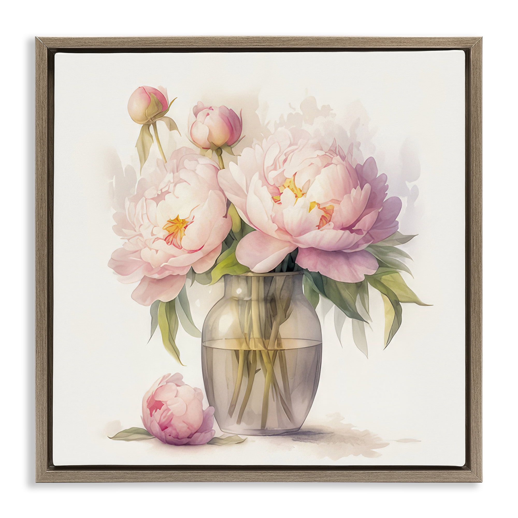Stupell Industries Subtle Blush Peonies Plants & Flowers Painting Brown Floater Framed Canvas Art Print Wall Art, 18 x 18
