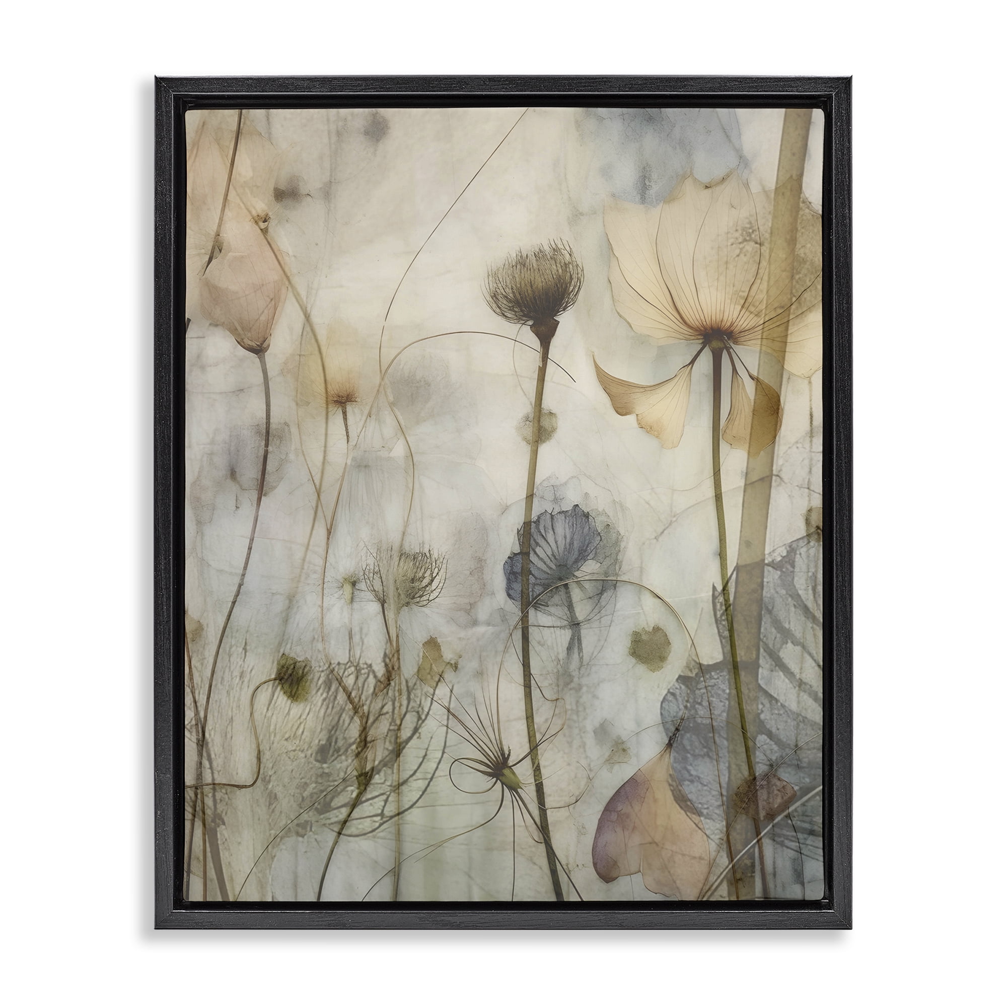 Stupell Industries Subtle Botanicals Pattern Plants & Flowers Painting Black Floater Framed Canvas Art Print Wall Art, 17 x 21