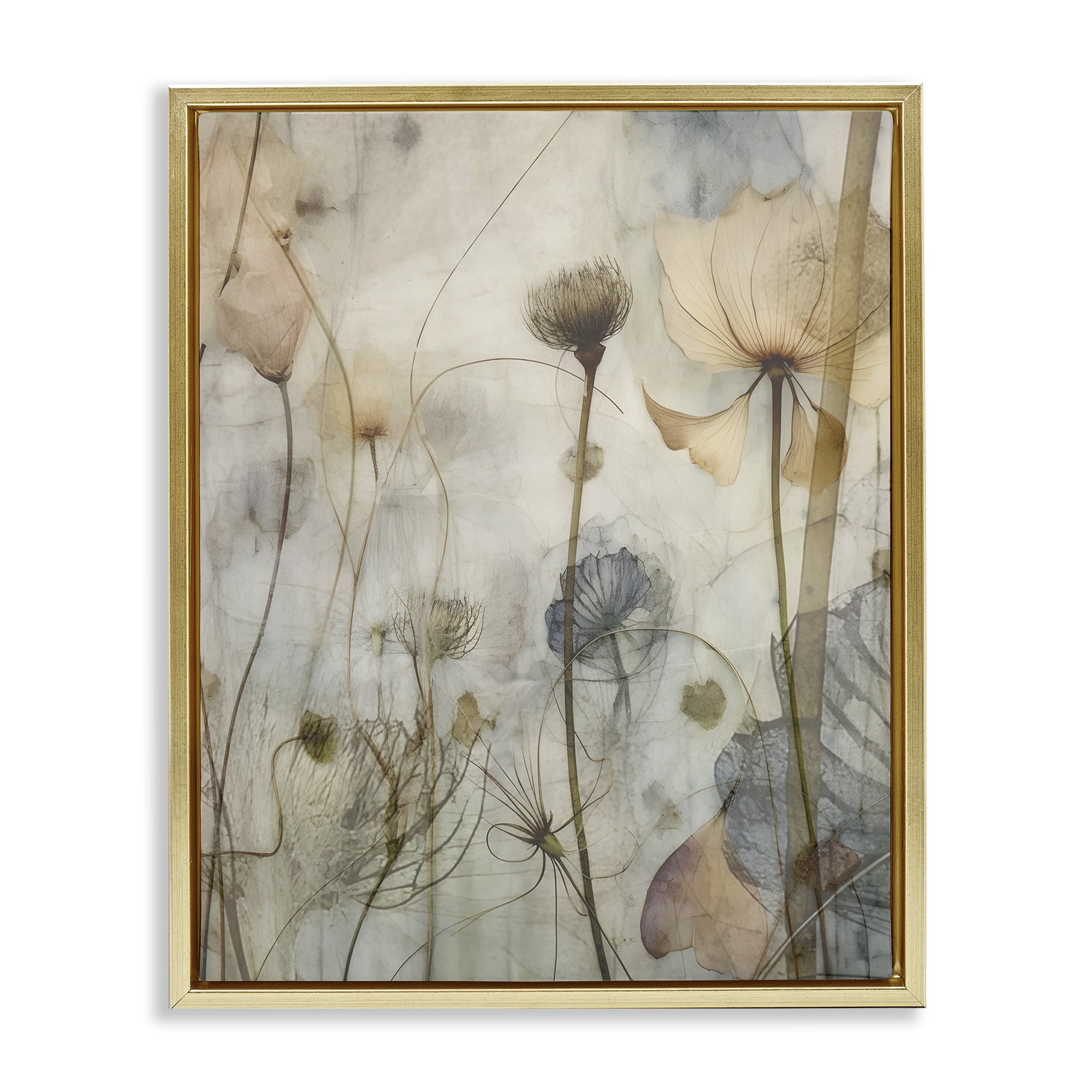 Stupell Industries Subtle Botanicals Pattern Plants & Flowers Painting Gold Floater Framed Canvas Art Print Wall Art, 17 x 21
