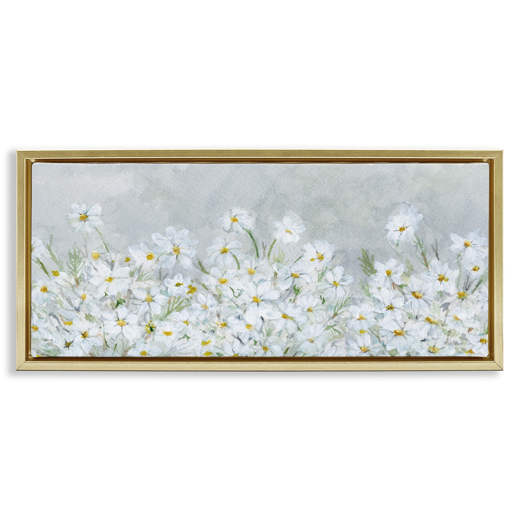 Stupell Industries Subtle Brushed Daisies Botanical & Floral Painting Gold Floater Framed Art Print Wall Art, 25 x 11