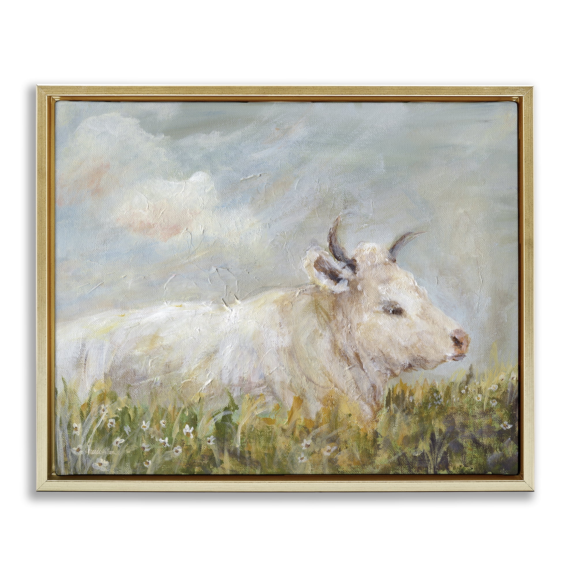 Stupell Industries Subtle Cattle Sun Bathing Animals Painting Gold Floater Framed Canvas Art Print Wall Art, 31 x 25