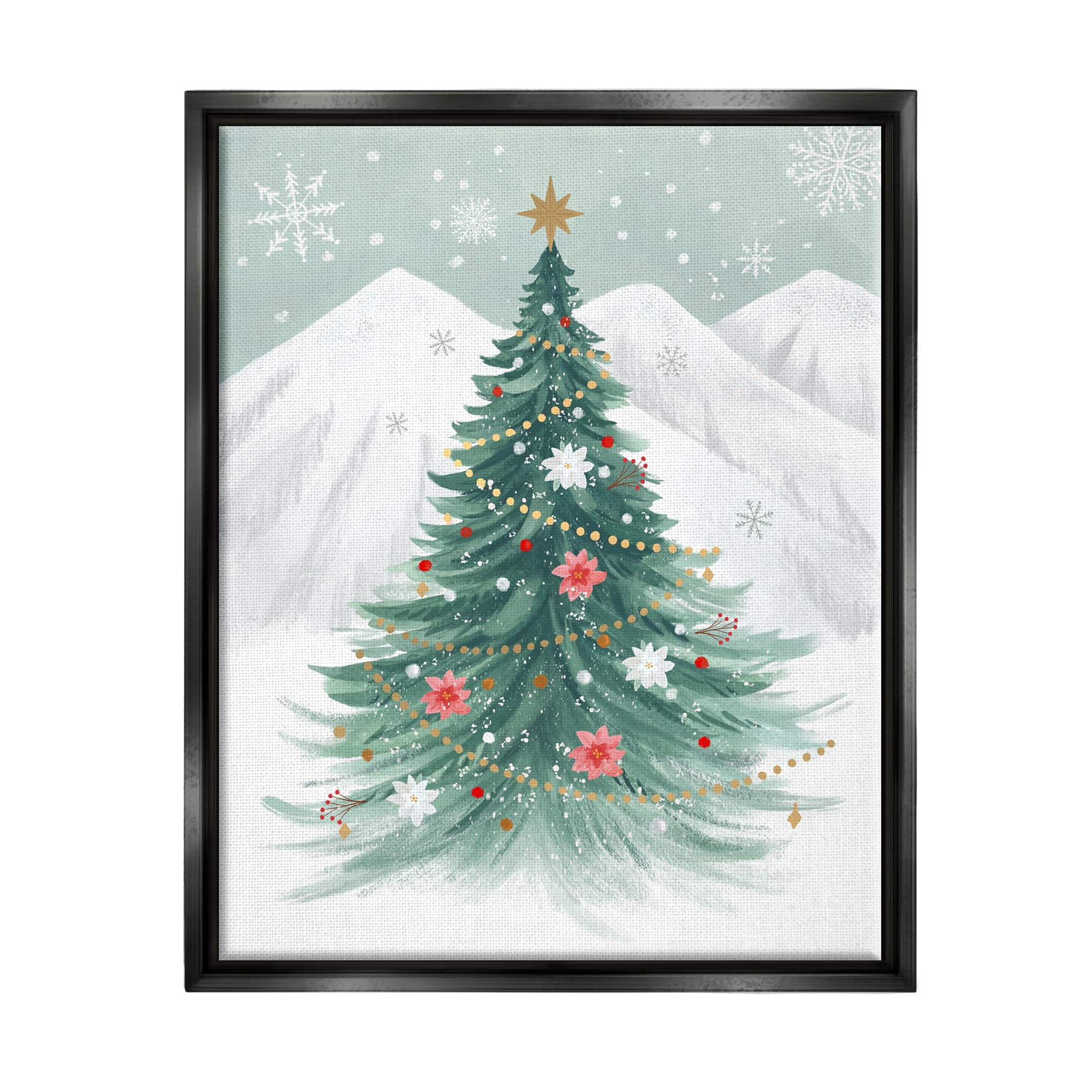 Stupell Industries Subtle Christmas Tree in Snow Holiday Painting Black Floater Framed Canvas Art Print Wall Art, 17 x 21