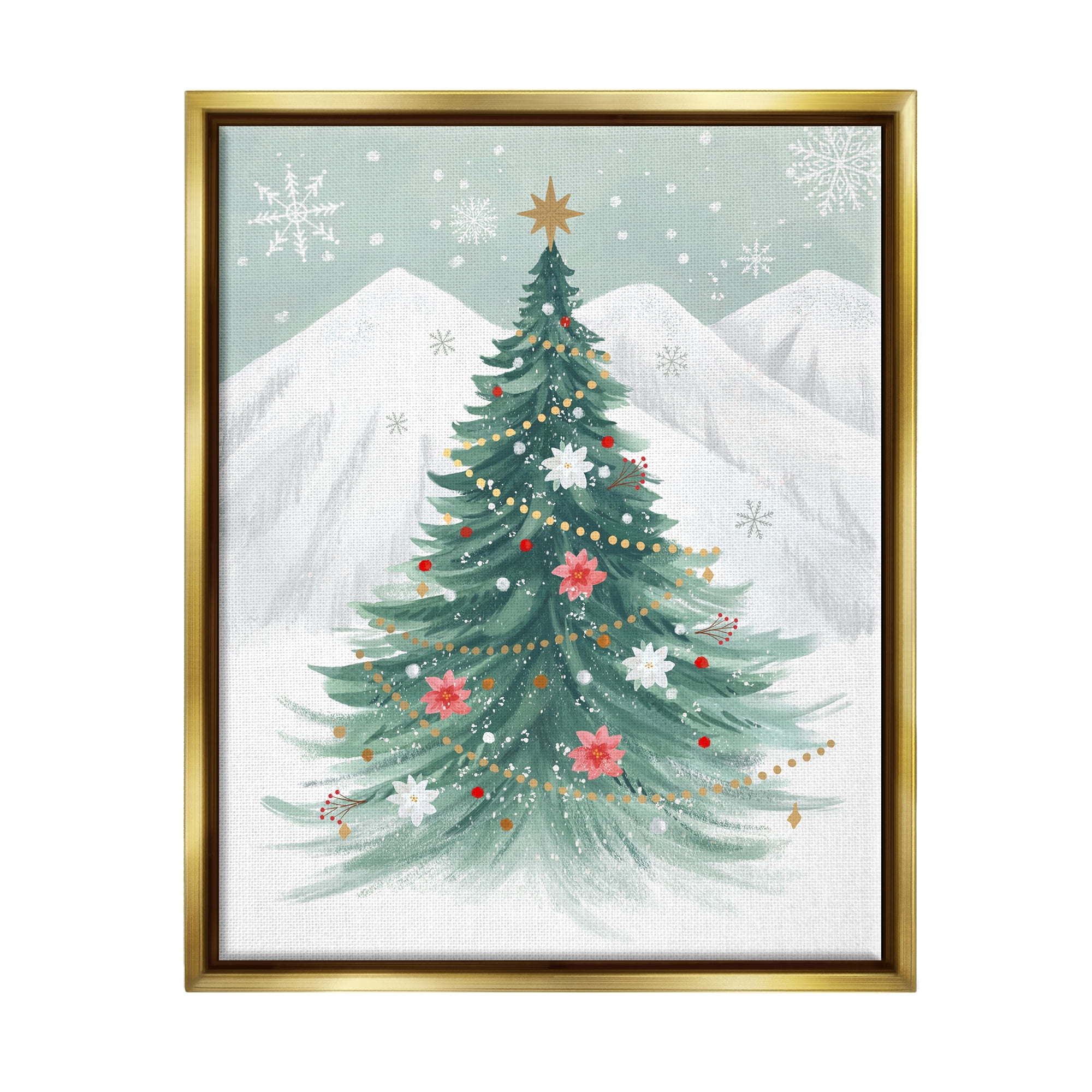 Stupell Industries Subtle Christmas Tree in Snow Holiday Painting Gold Floater Framed Canvas Art Print Wall Art, 25 x 31