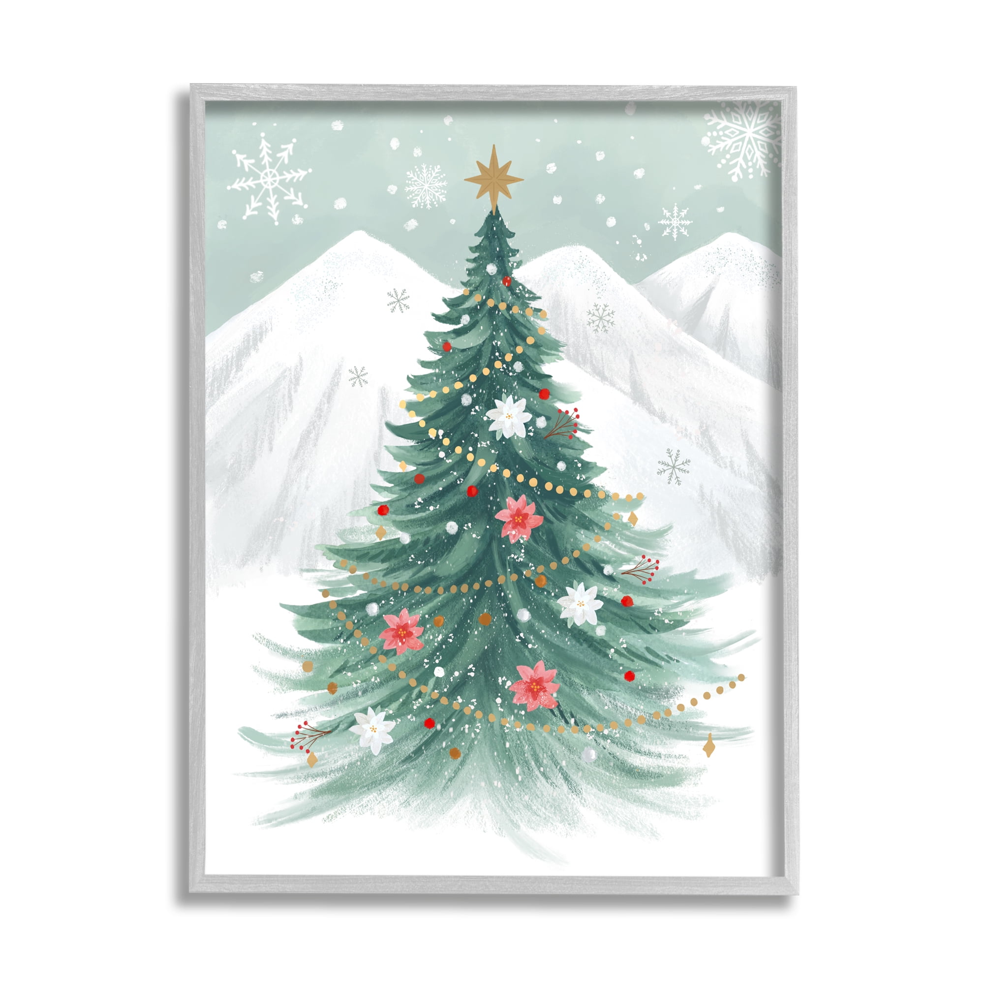 Stupell Industries Subtle Christmas Tree in Snow Holiday Painting Gray Framed Art Print Wall Art, 11 x 14