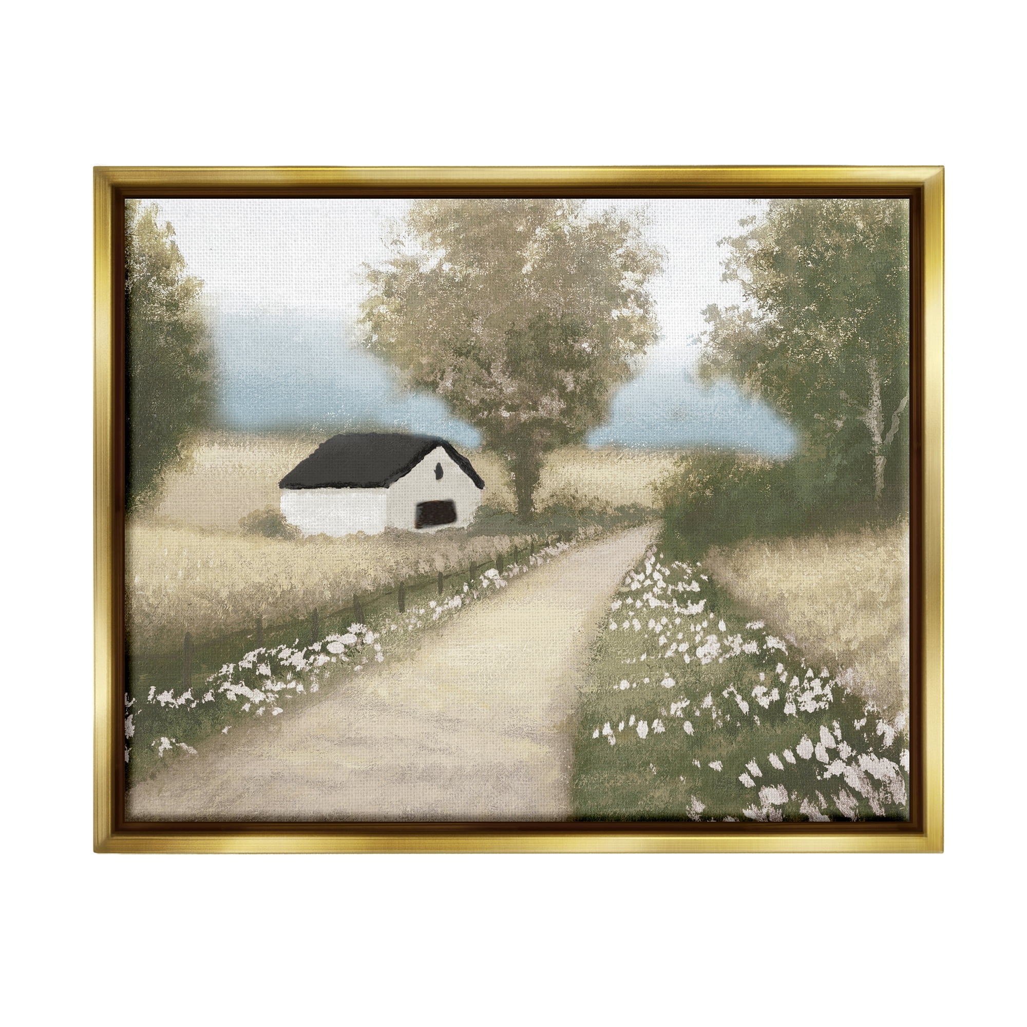Stupell Industries Subtle Cottage Path Landscape Painting Gold Floater Framed Canvas Art Print Wall Art, 31 x 25